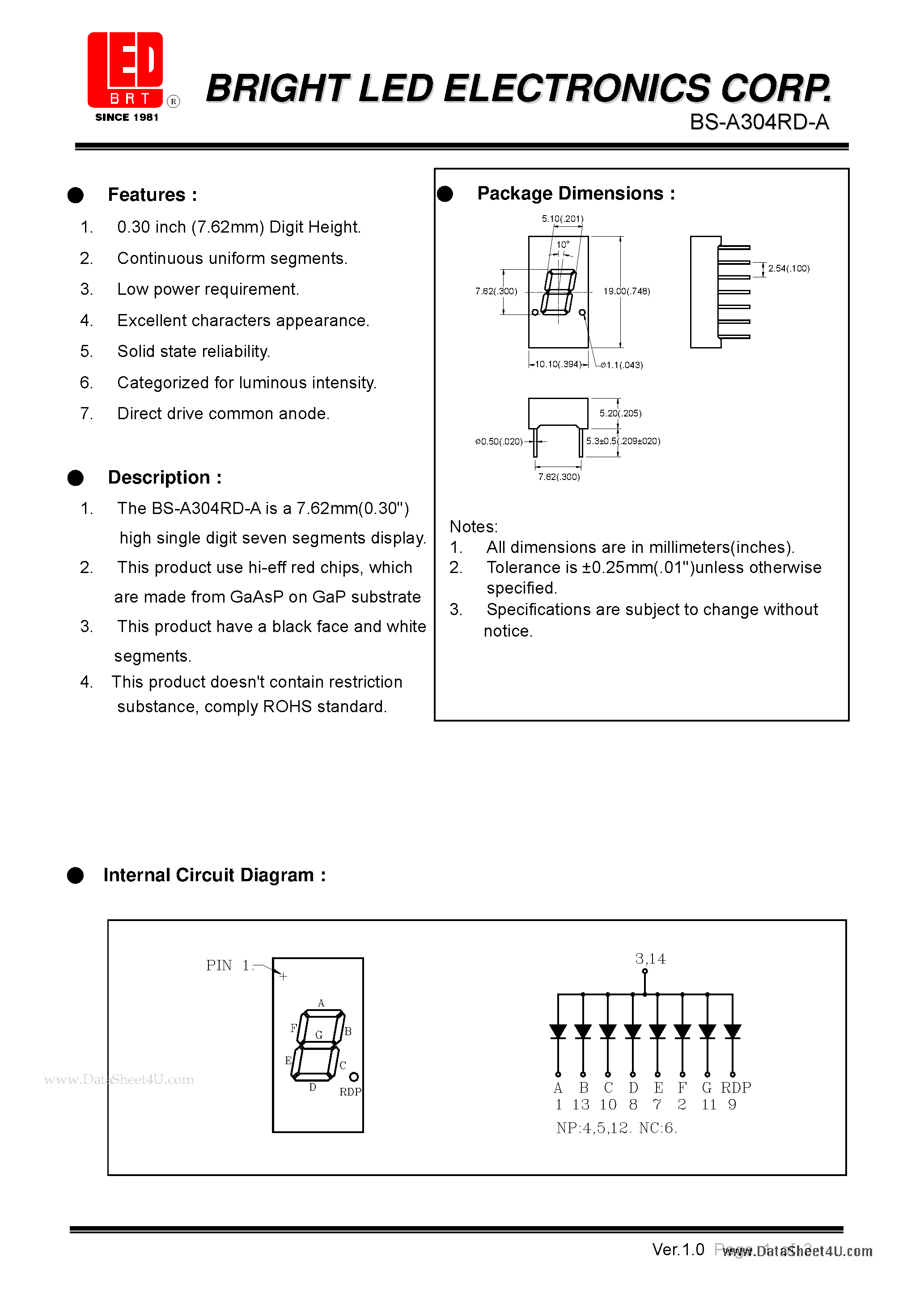 Datasheet BS-A304RD-A - 7.62mm (0.30) high single digit seven segments dispaly page 1