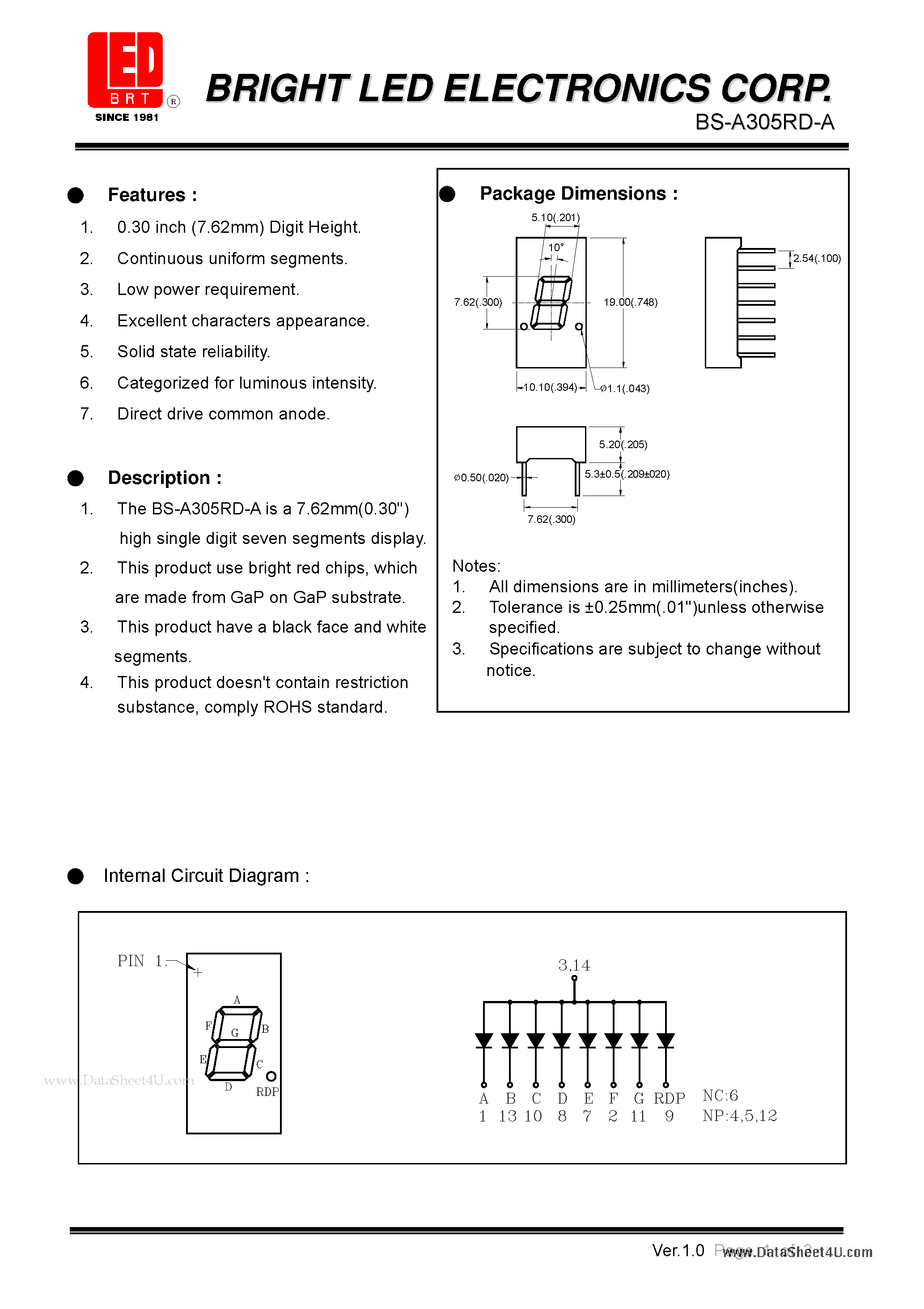 Datasheet BS-A305RD-A - 7.62mm (0.30) high single digit seven segments dispaly page 1