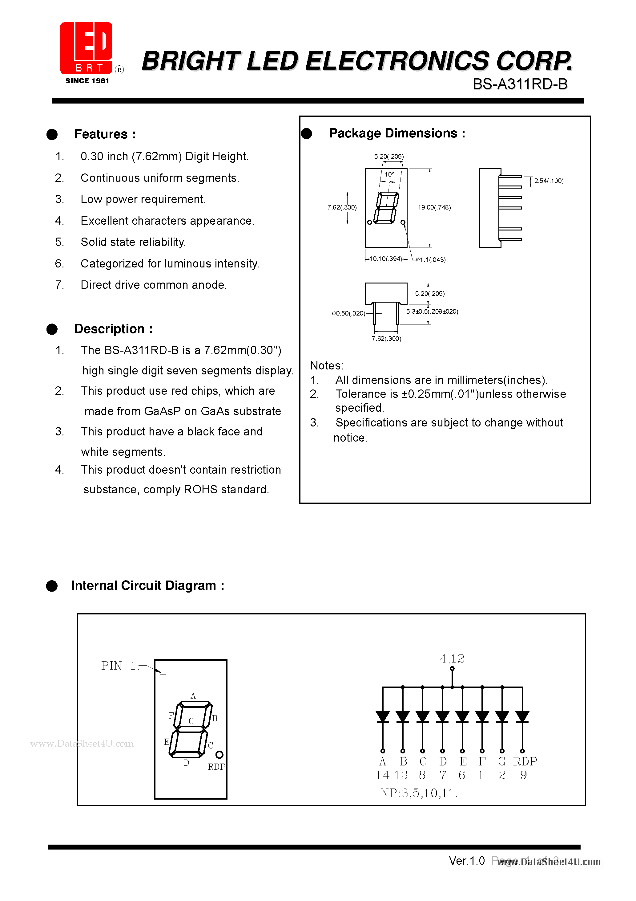 Datasheet BS-A311RD-B - 7.62mm (0.30) high single digit seven segments dispaly page 1