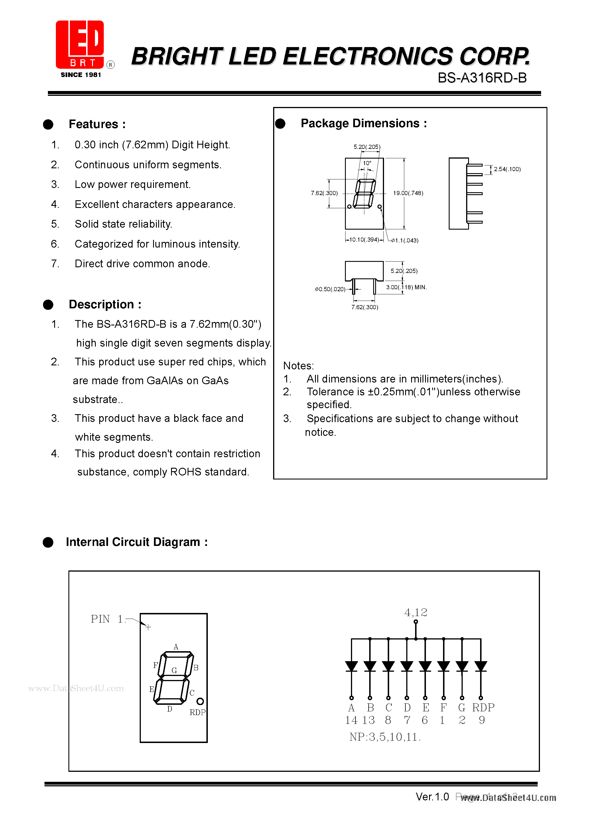 Datasheet BS-A316RD-B - 7.62mm (0.30) high single digit seven segments dispaly page 1