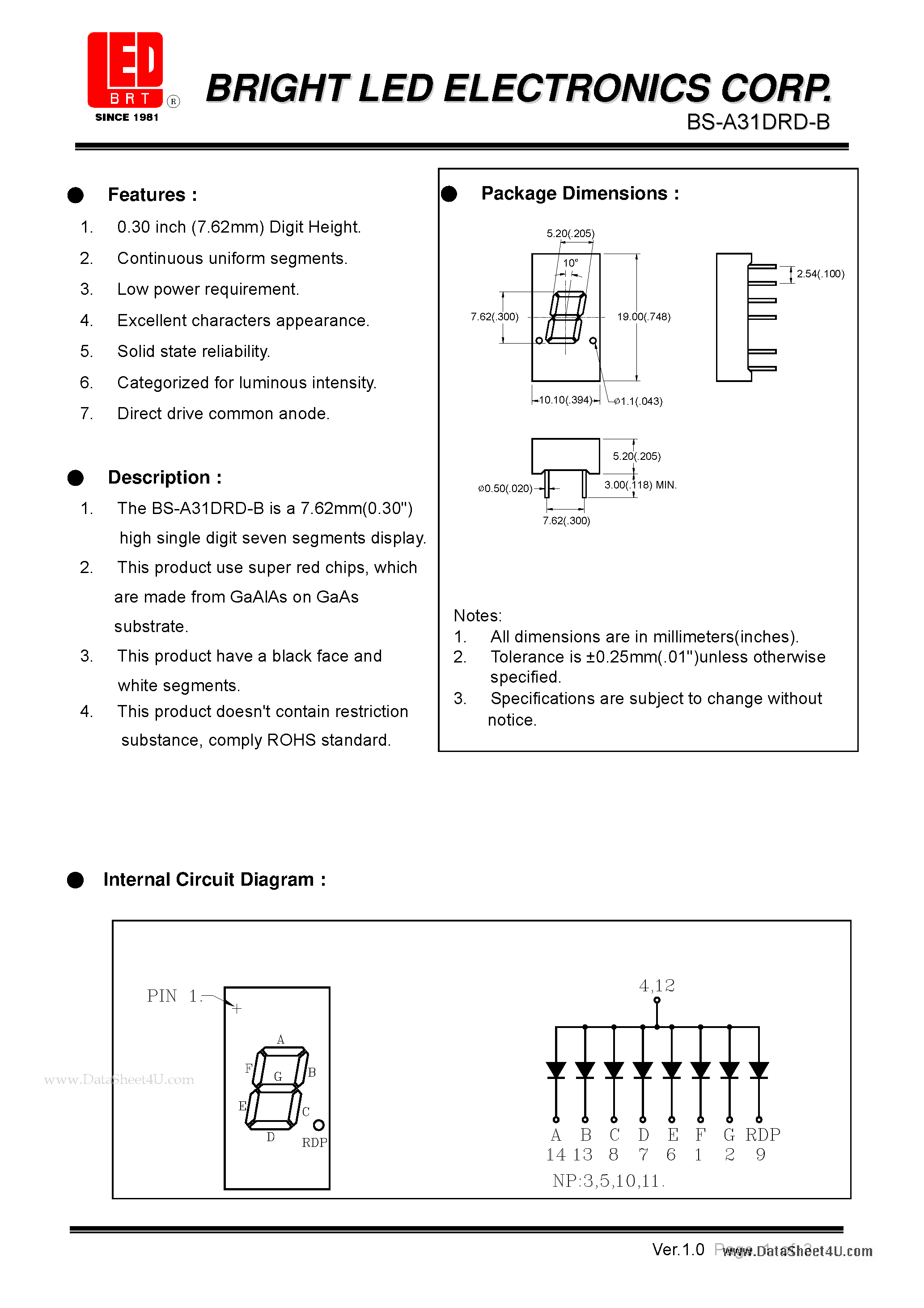 Datasheet BS-A31DRD-B - 7.62mm (0.30) high single digit seven segments dispaly page 1