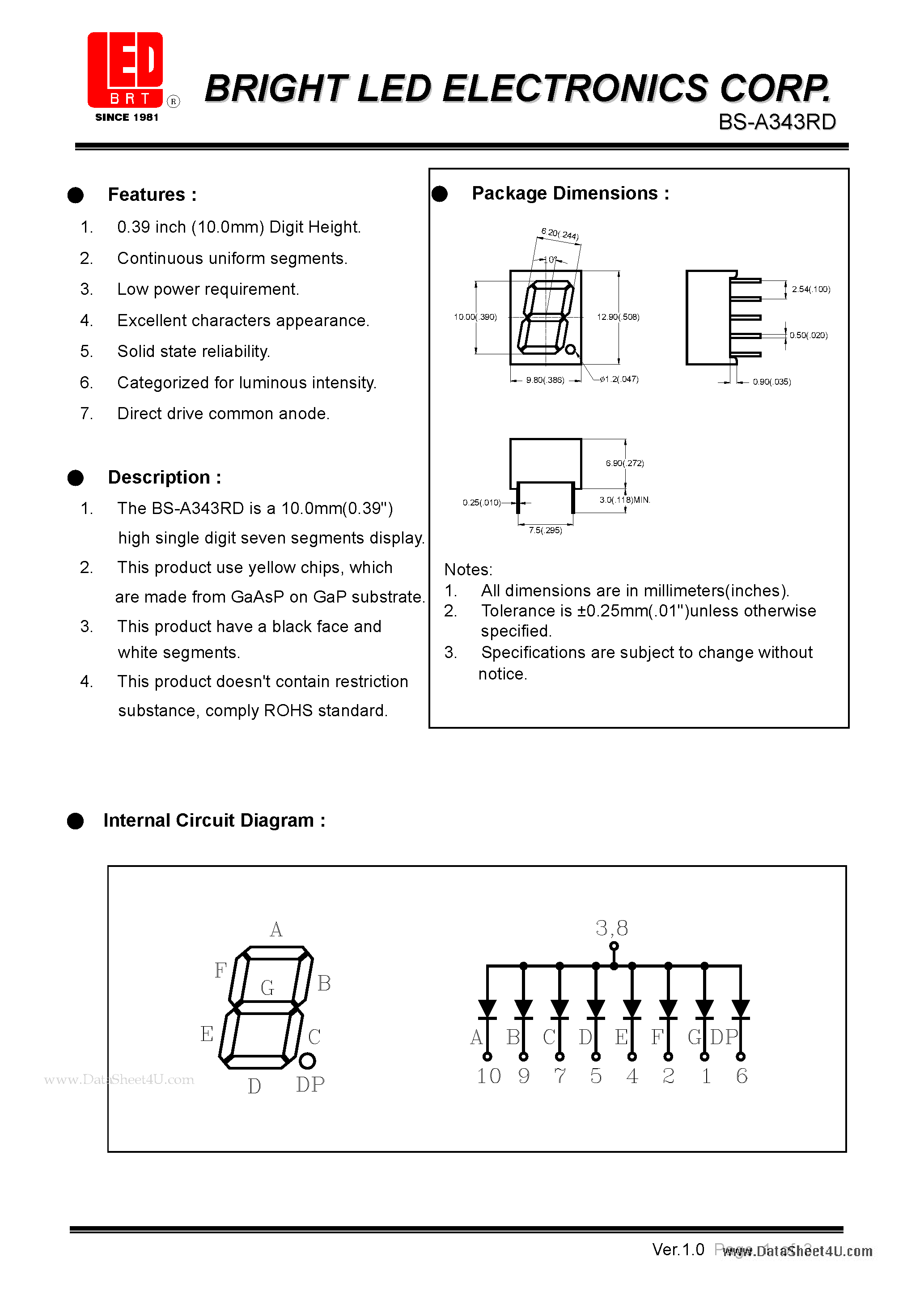 Datasheet BS-A343RD - 10.0 (0.39) high single digit seven segments dispaly page 1