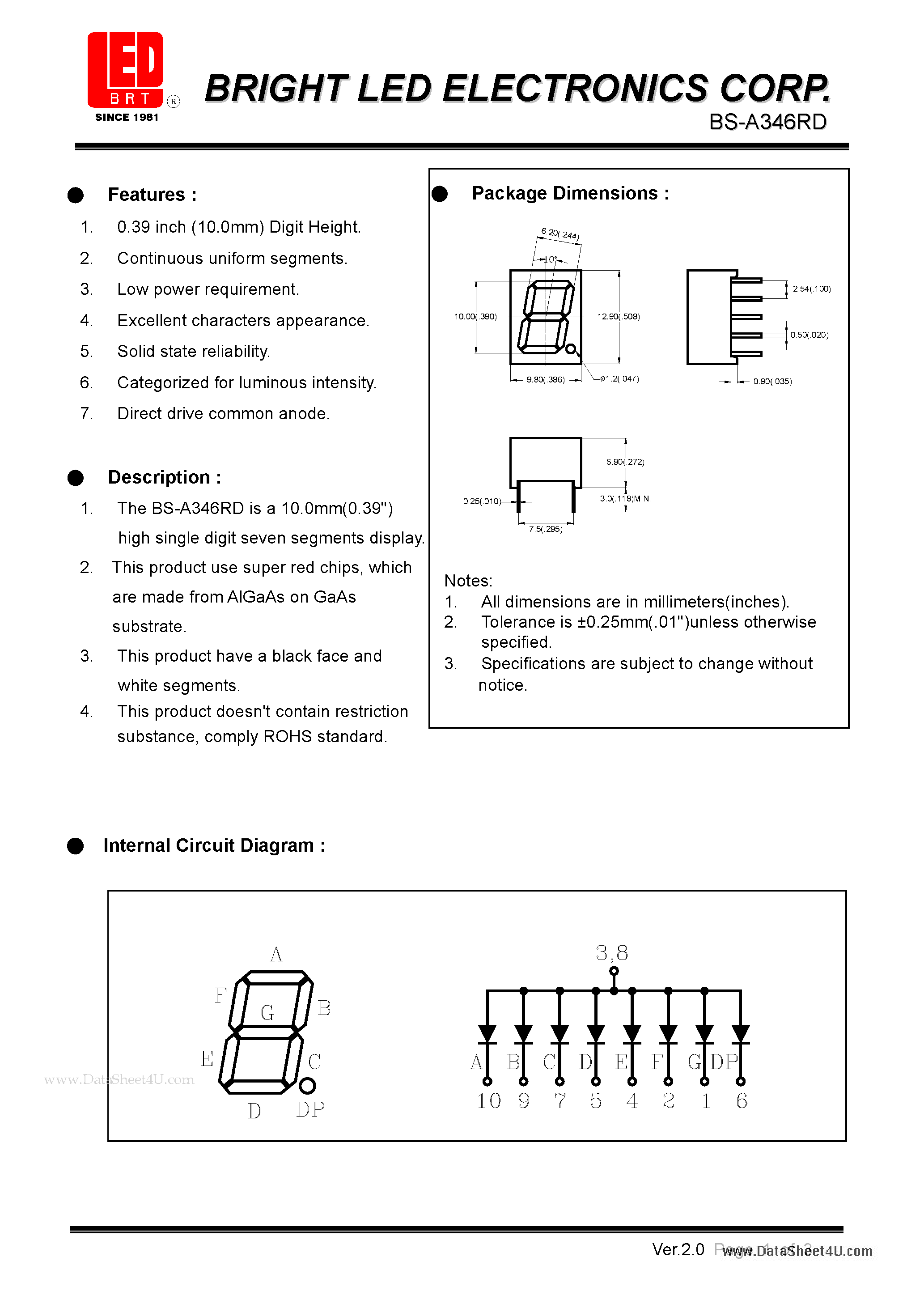Datasheet BS-A346RD page 1 Datasheet BS-A346RD - 10.0 (0.39) high single digit seven segments dispaly page 1