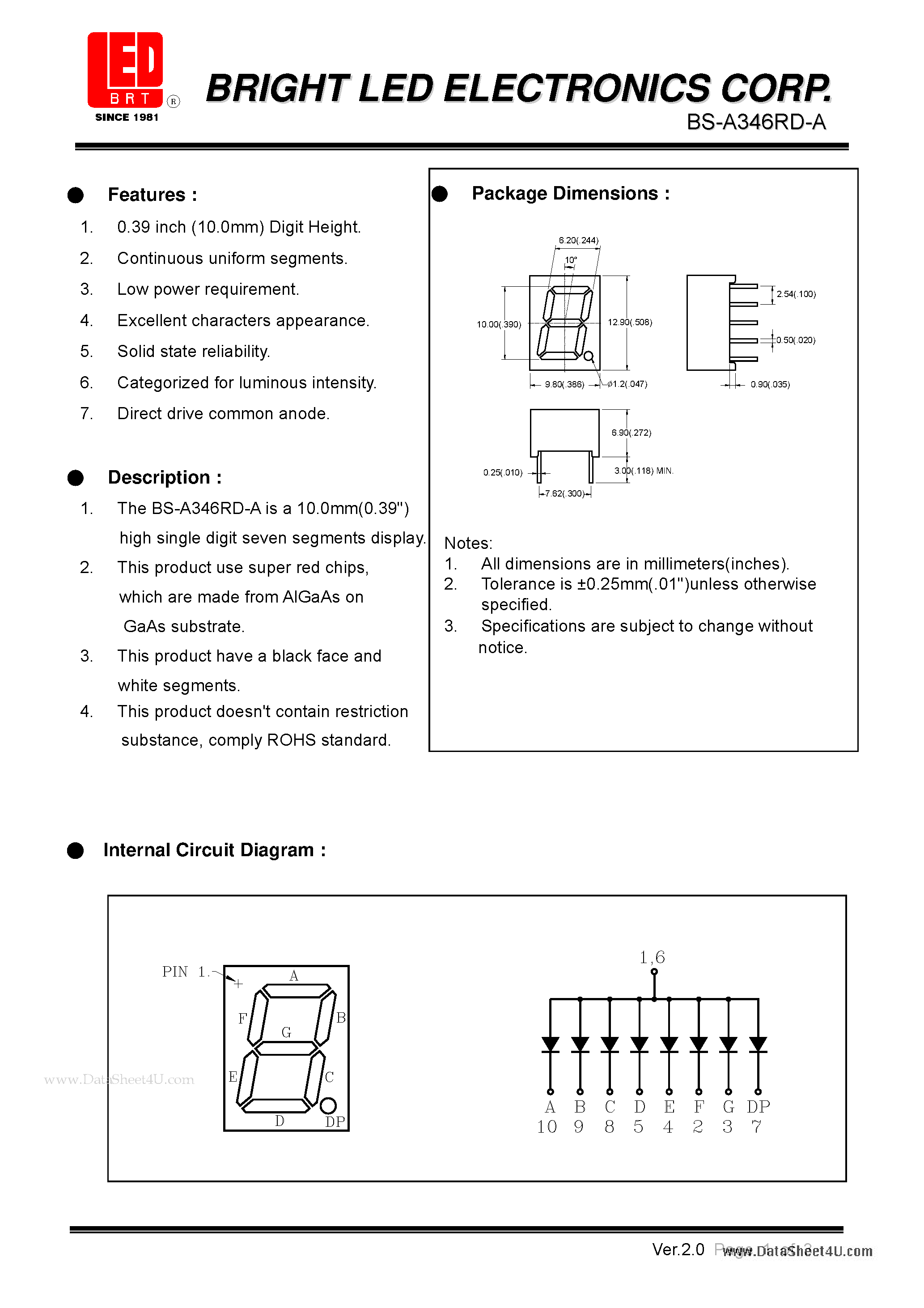 Datasheet BS-A346RD-A page 1 Datasheet BS-A346RD-A - 10.0 (0.39) high single digit seven segments dispaly page 1