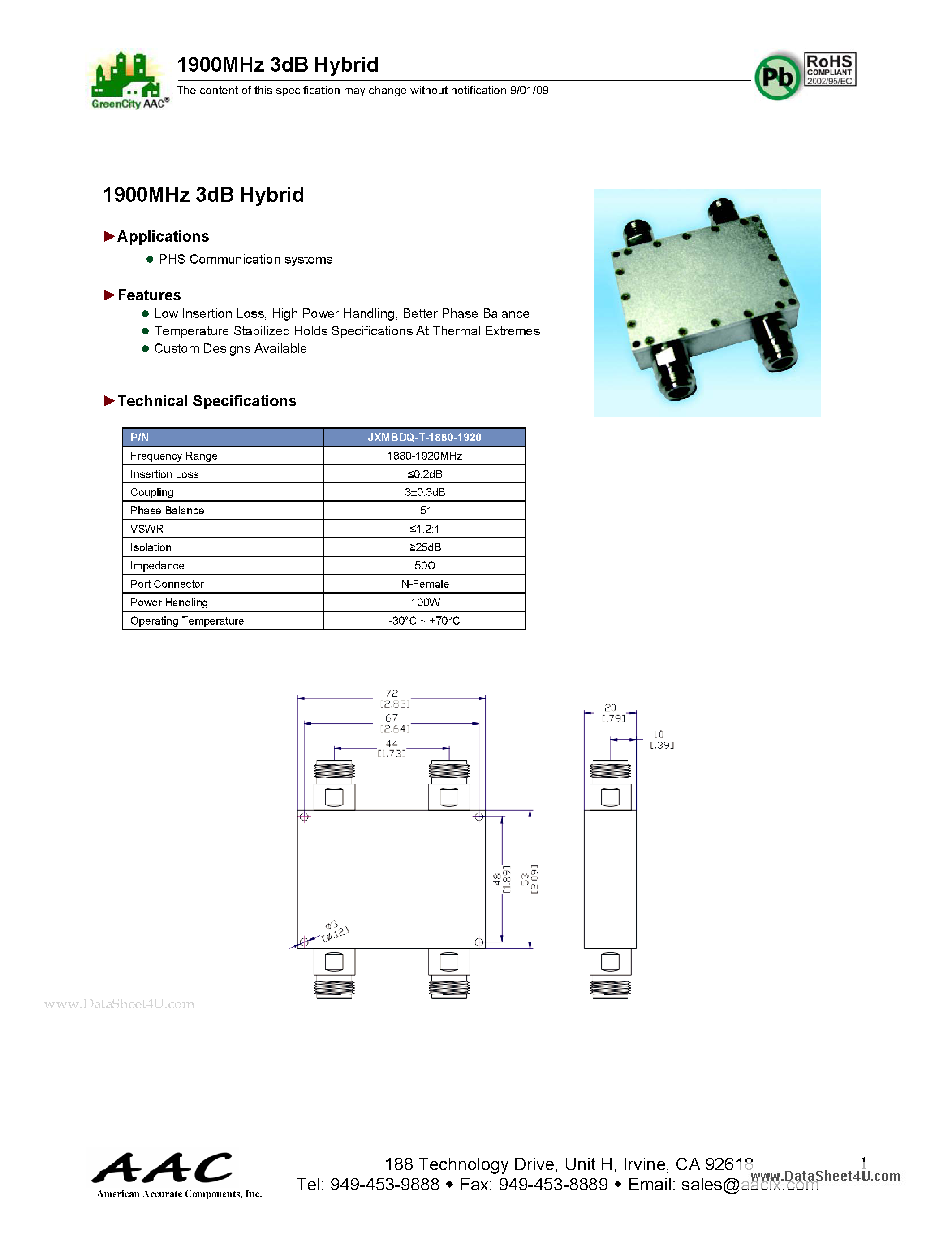 Datasheet JXMBDQ-T-1880-1920 - 1900MHz 3dB Hybrid page 1