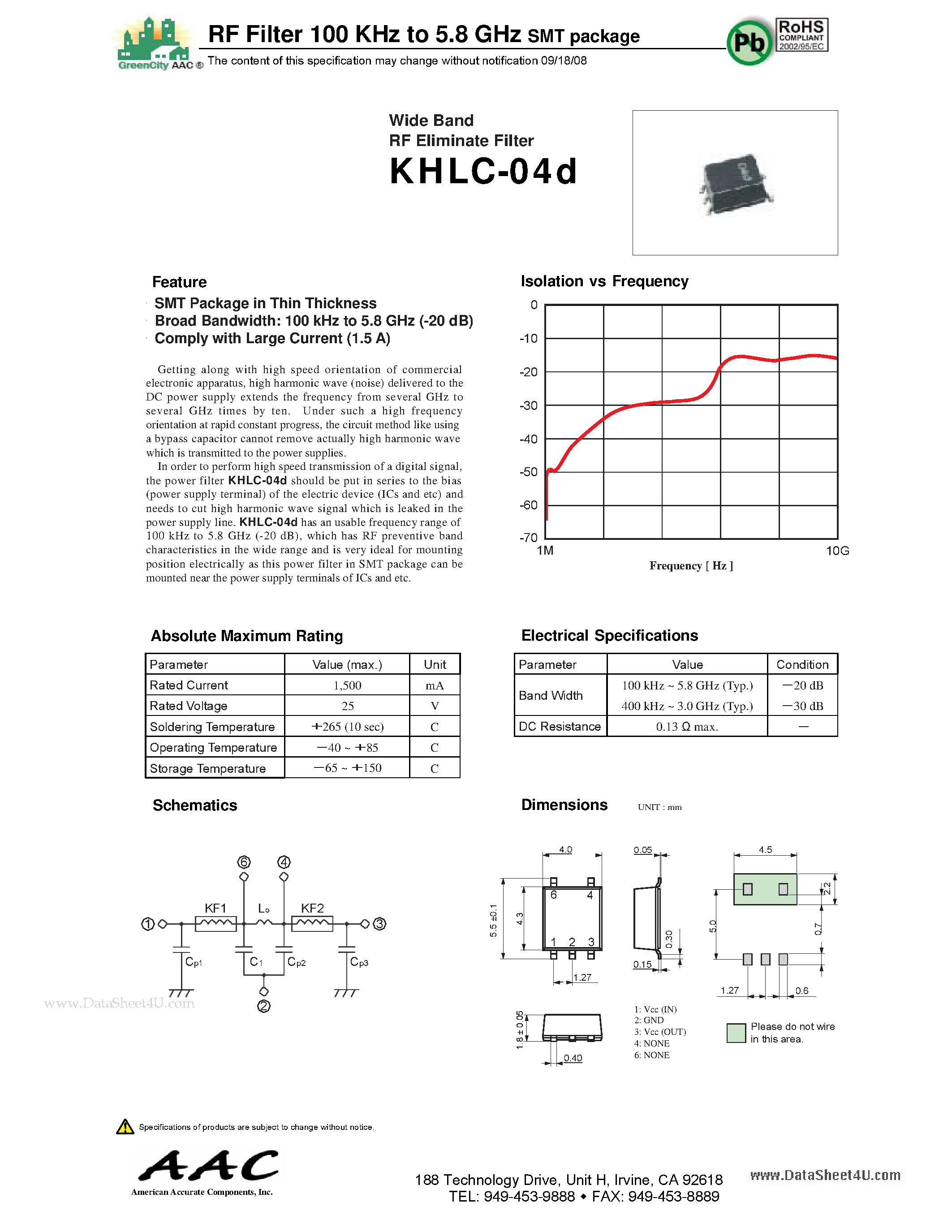 Datasheet KHLC-04D page 1 Datasheet KHLC-04D - RF Filter 100 KHz to 5.8 GHz SMT package page 1