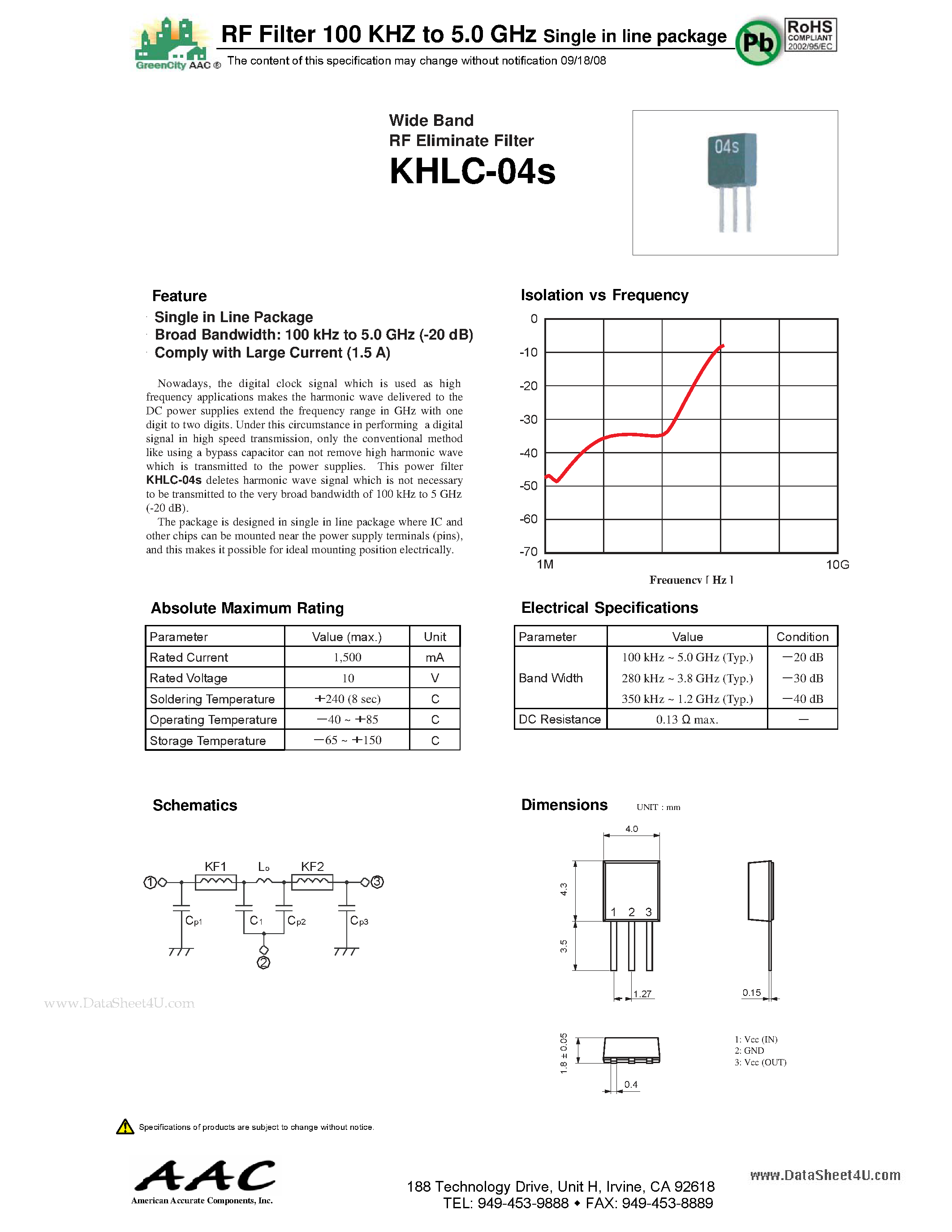 Datasheet KHLC-04S - RF Filter 100 KHz to 5.0 GHz Single in line package page 1