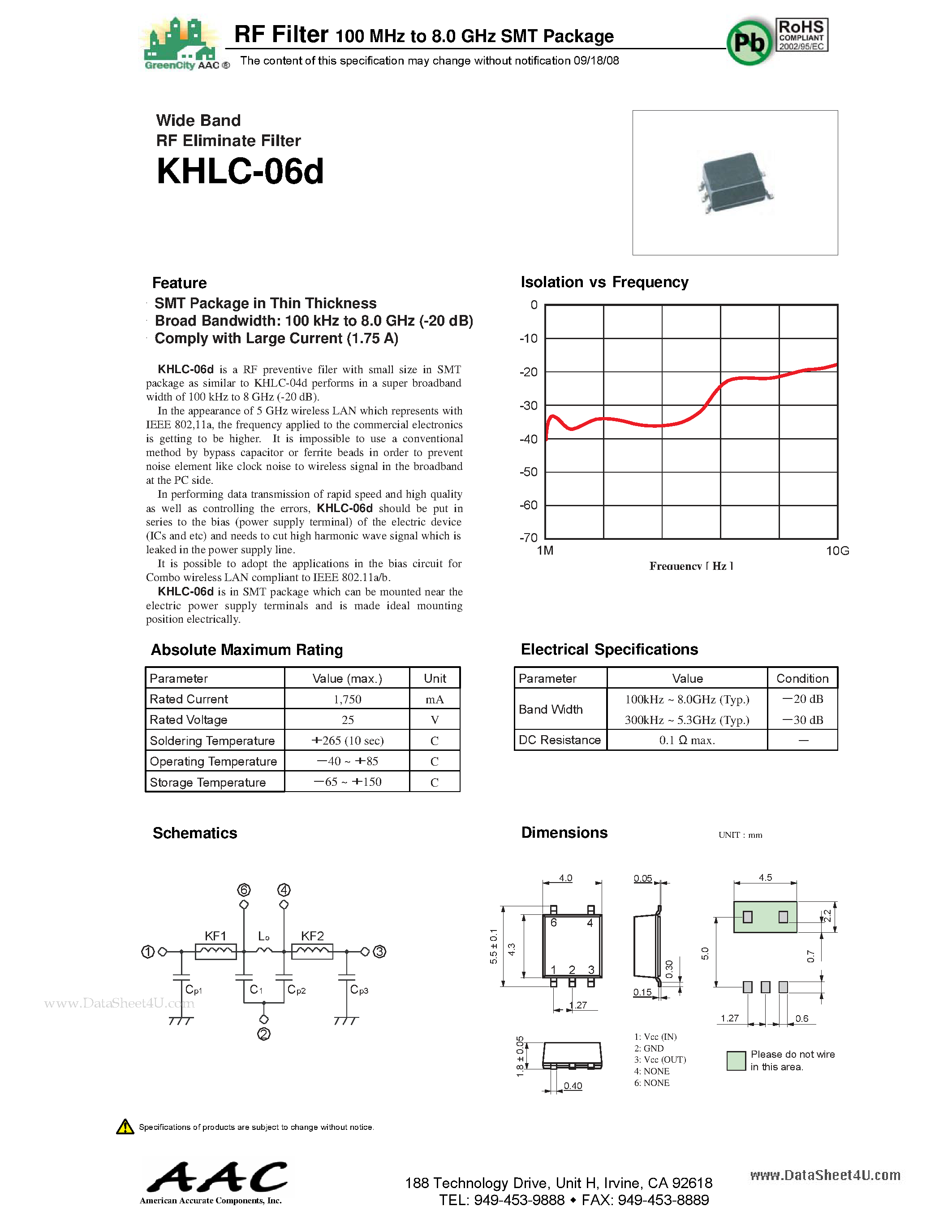 Datasheet KHLC-06D page 1 Datasheet KHLC-06D - RF Filter 100 KHz to 8.0 GHz SMT package page 1