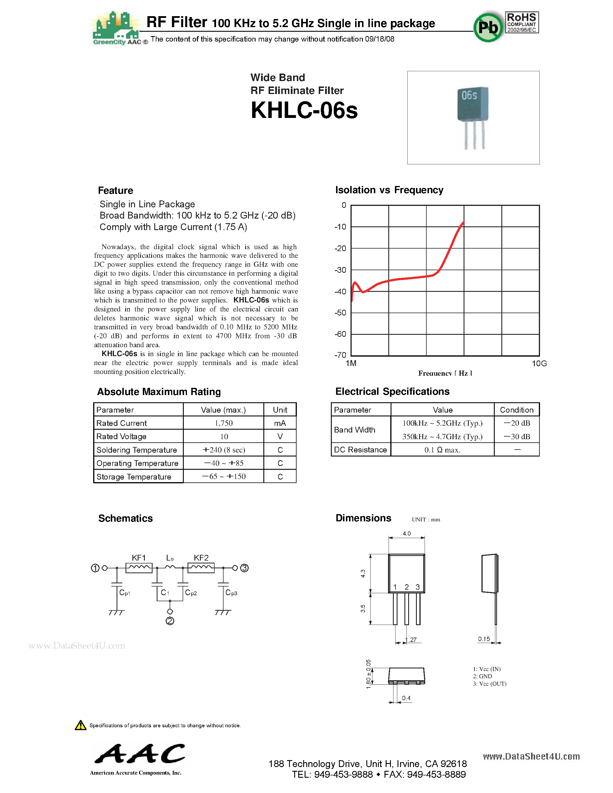 Datasheet KHLC-06S - RF Filter 100 KHz to 5.2 GHz Single in line package page 1