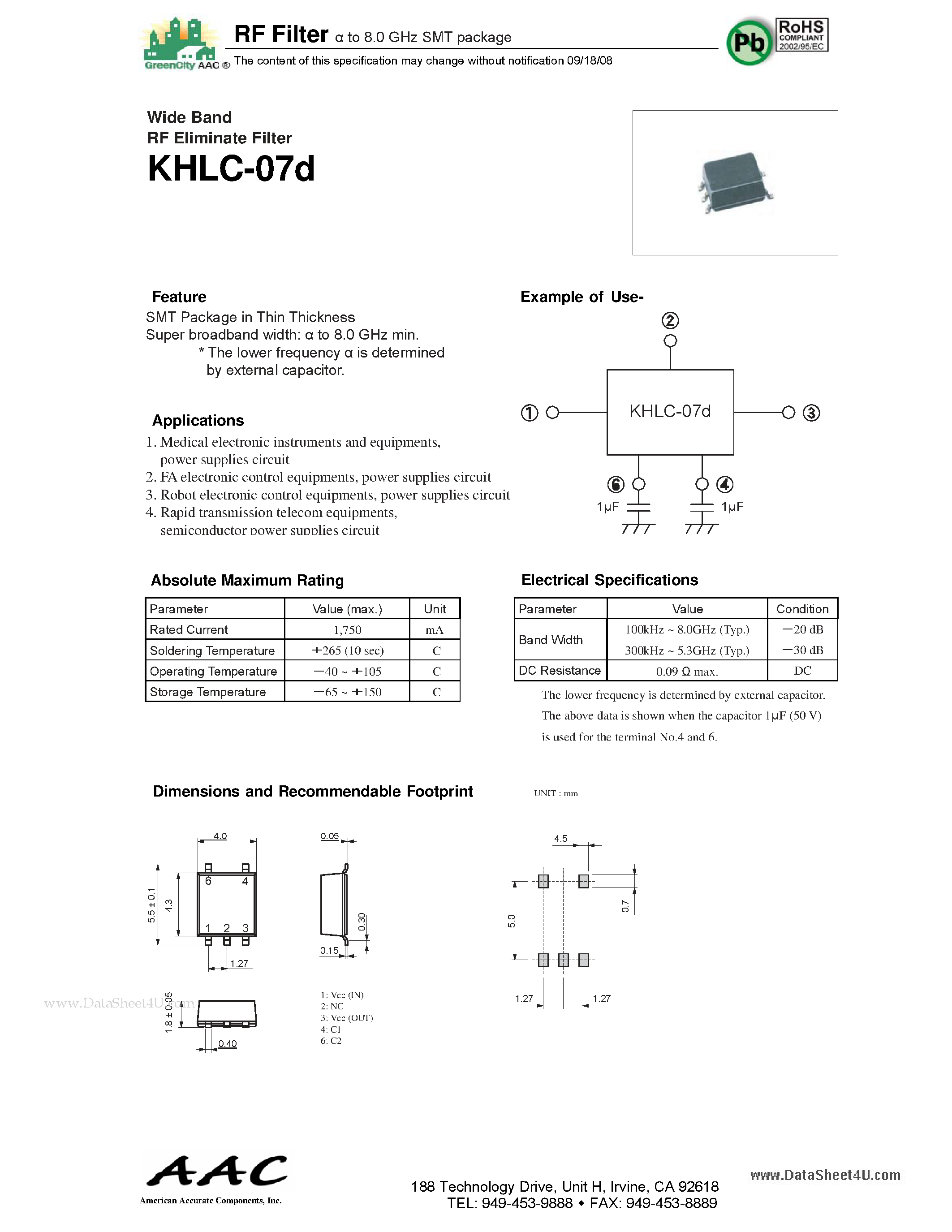Datasheet KHLC-07D - RF Filter a to 8.0 GHz SMT package page 1