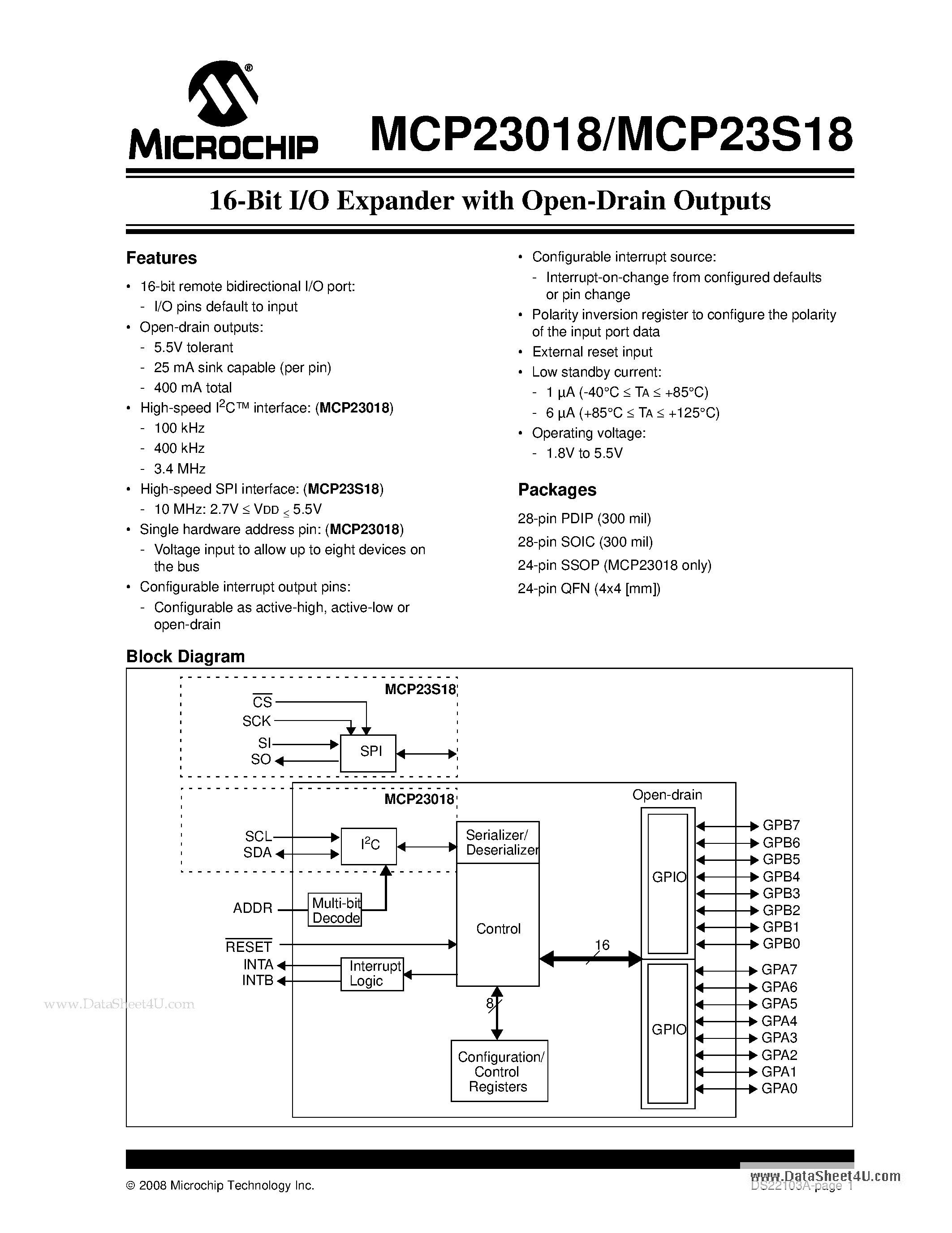 Даташит MCP23018 - 16-Bit I/O Expander страница 1