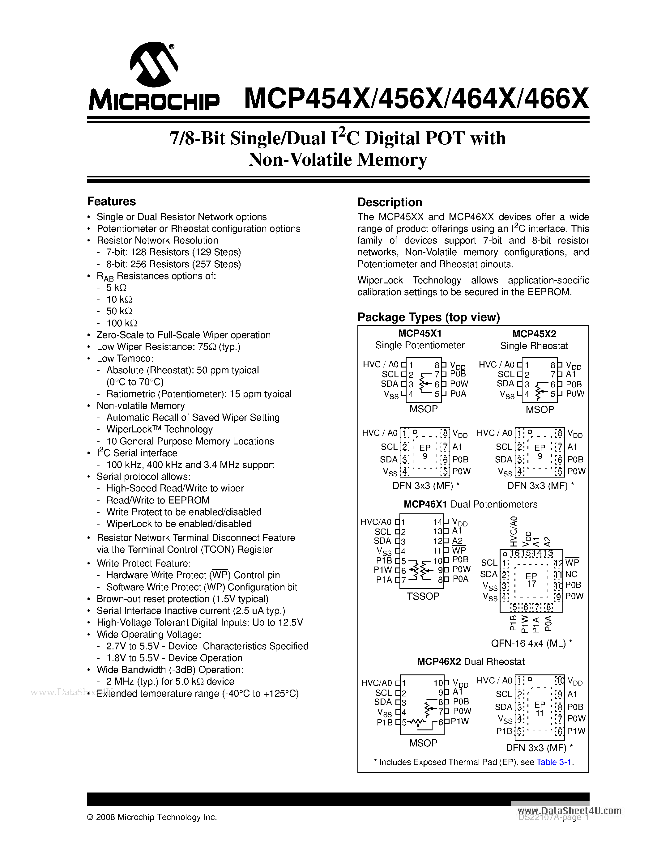 Даташит MCP454X - 7/8-Bit Single/Dual I2C Digital POT страница 1