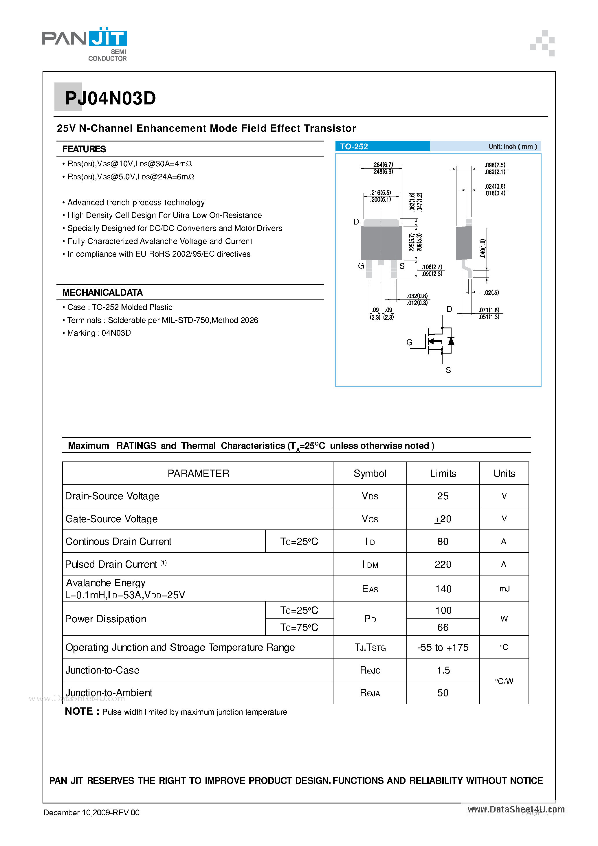 Datasheet PJ04N03D - 25V N-Channel Enhancement Mode Field Effect Transistor page 1