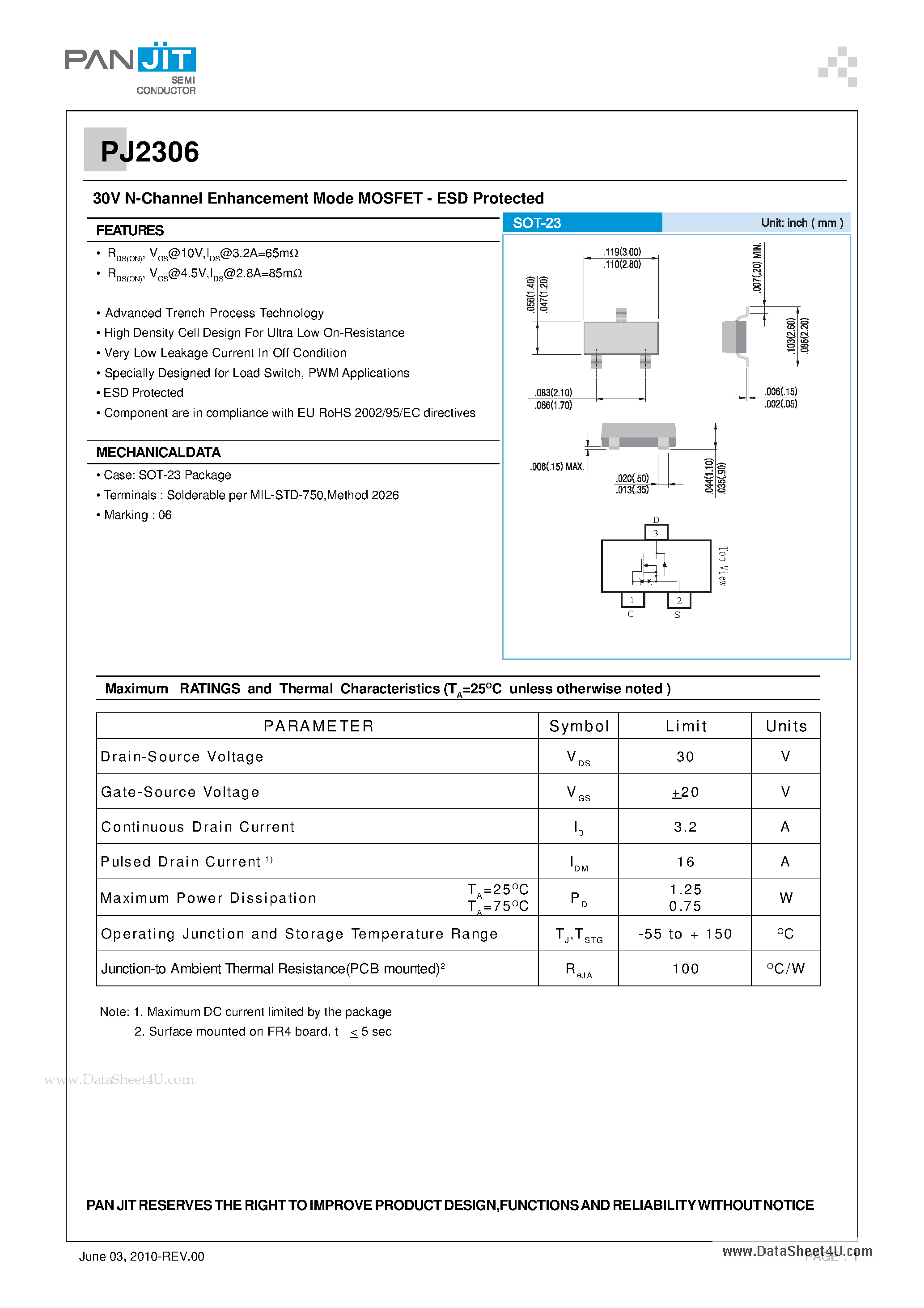 Datasheet PJ2306 - 30V N-Channel Enhancement Mode MOSFET - ESD Protected page 1