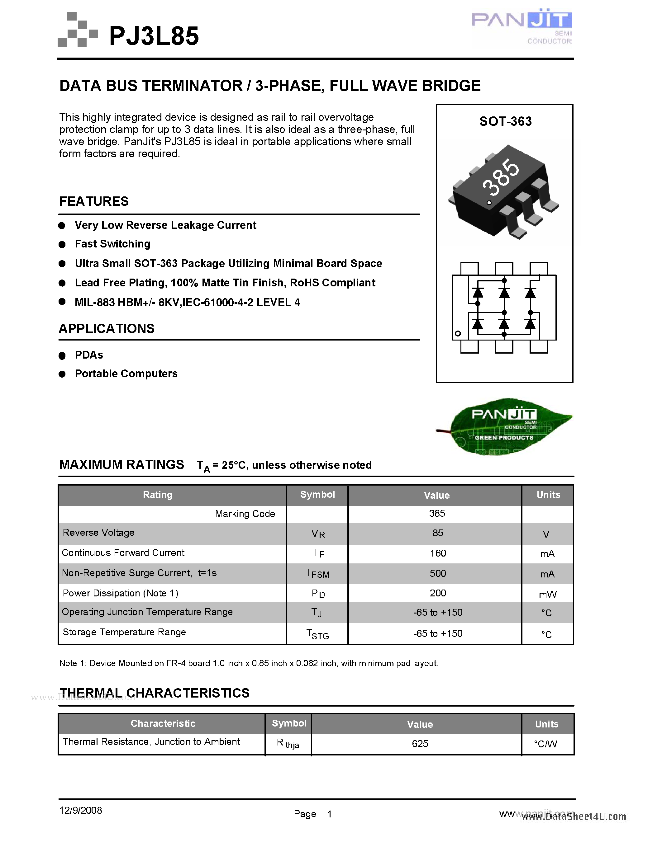 Datasheet PJ3L85 - DATA BUS TERMINATOR / 3-PHASE FULL WAVE BRIDGE page 1