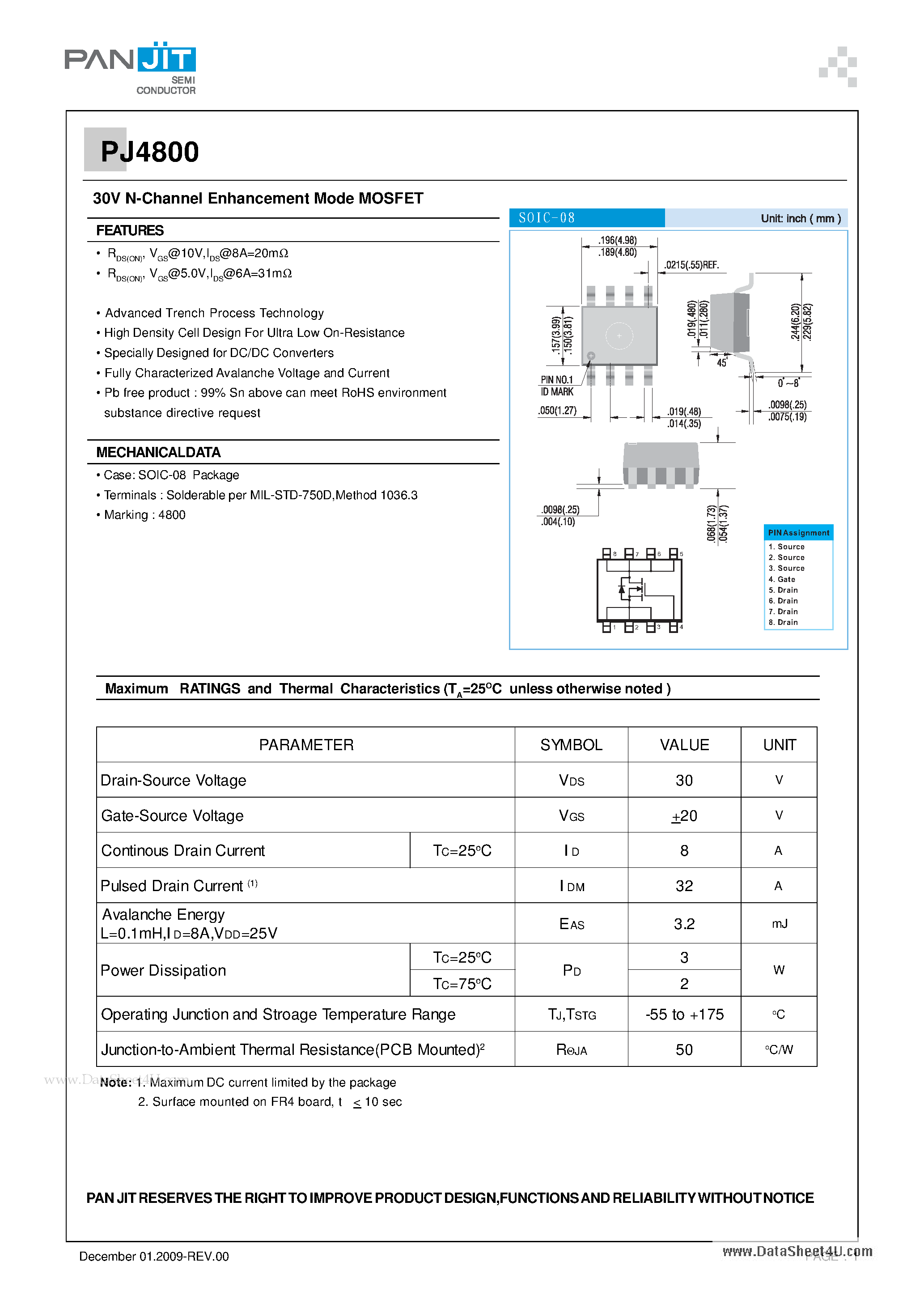 Datasheet PJ4800 - 30V N-Channel Enhancement Mode MOSFET page 1