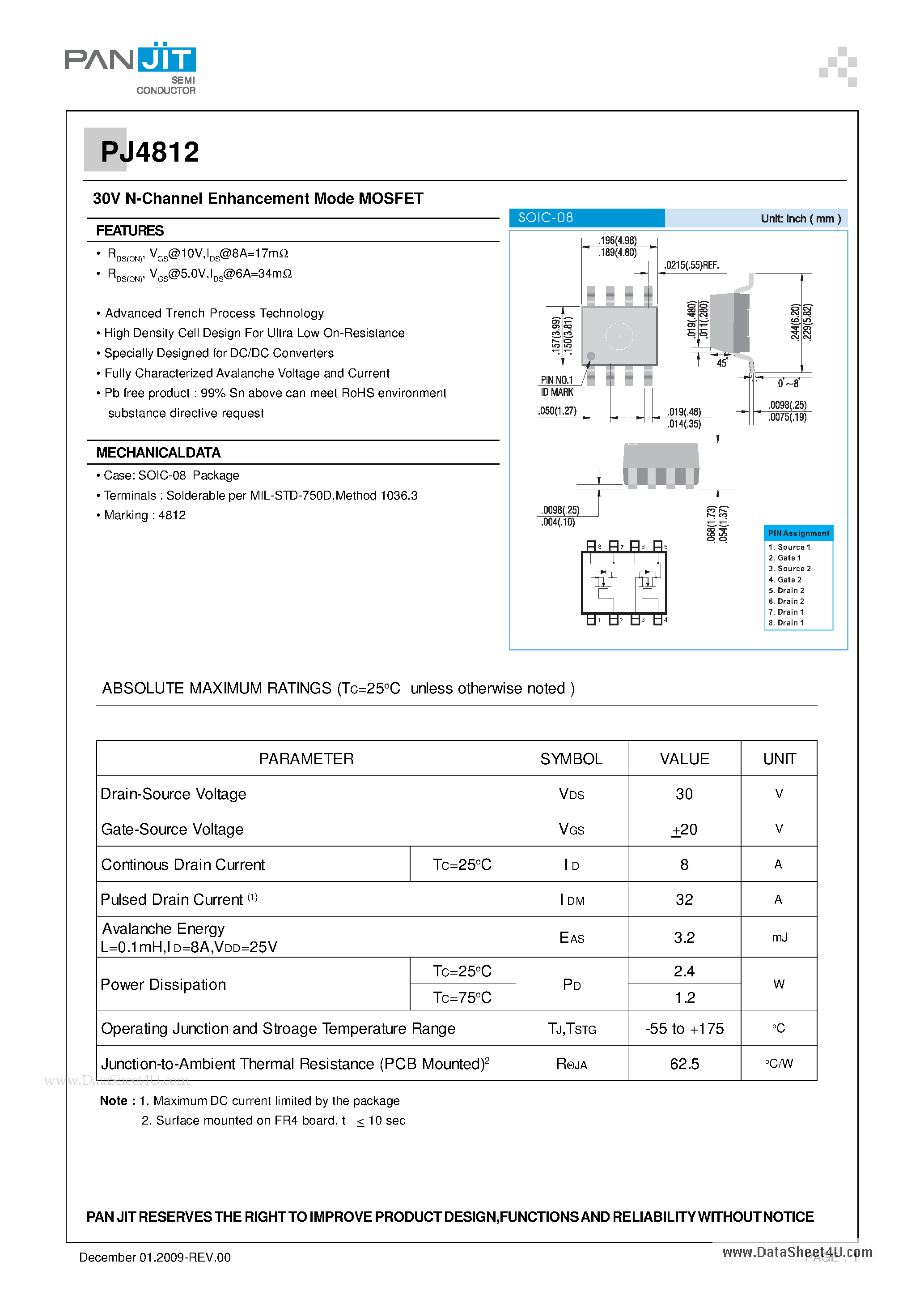 Datasheet PJ4812 - 30V N-Channel Enhancement Mode MOSFET page 1
