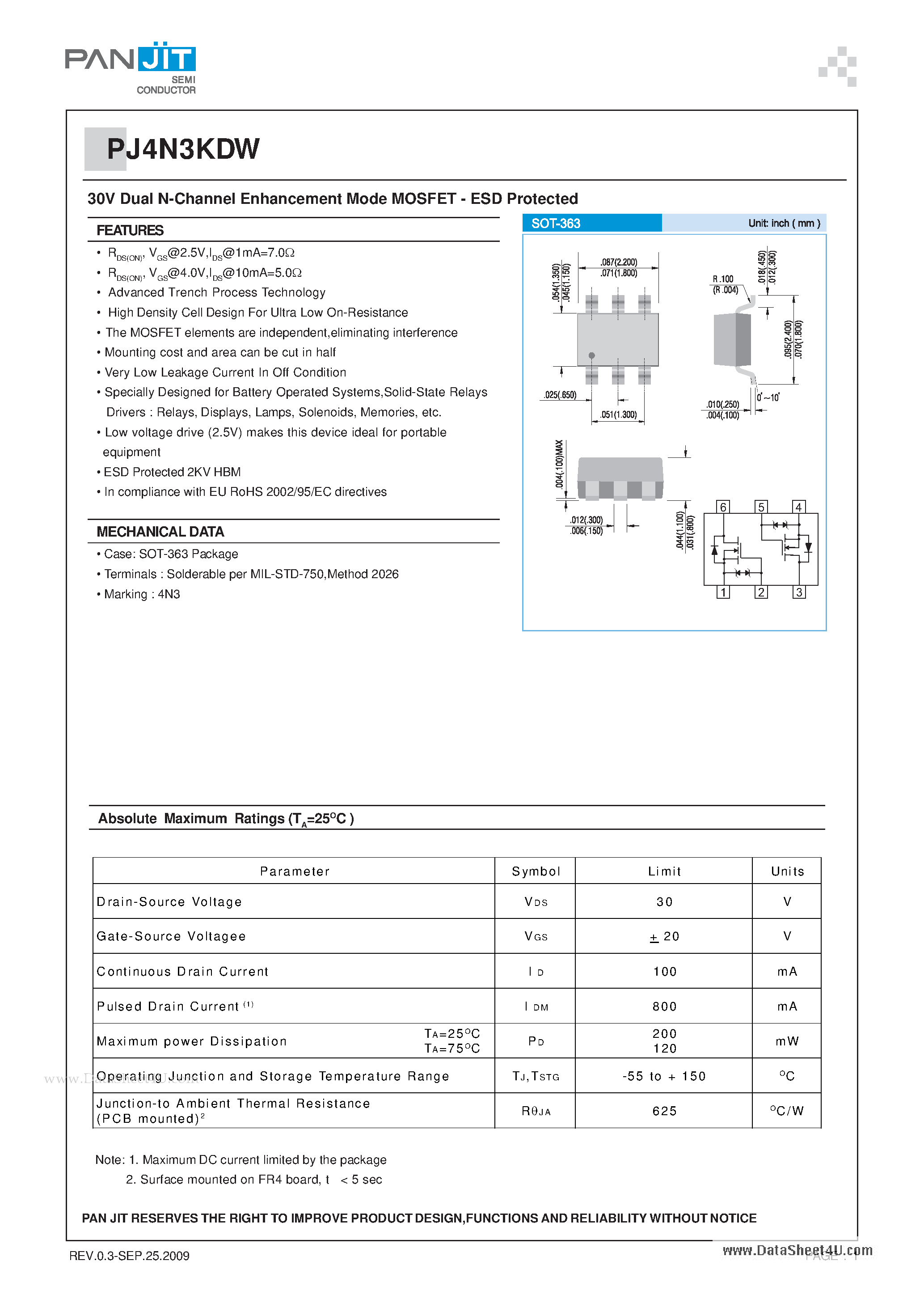 Datasheet PJ4N3KDW - 30V Dual N-Channel Enhancement Mode MOSFET - ESD Protected page 1