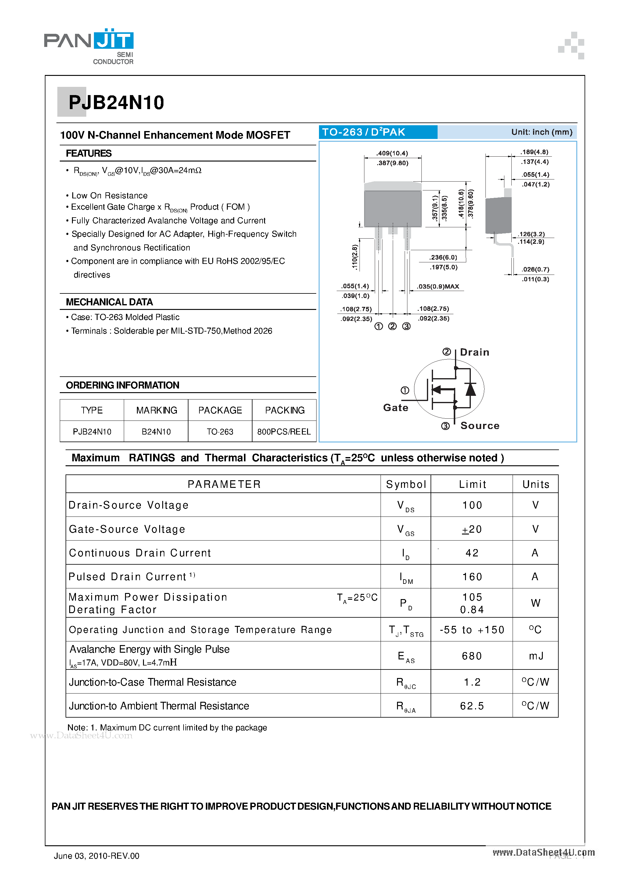 Datasheet PJB24N10 - 100V N-Channel Enhancement Mode MOSFET page 1