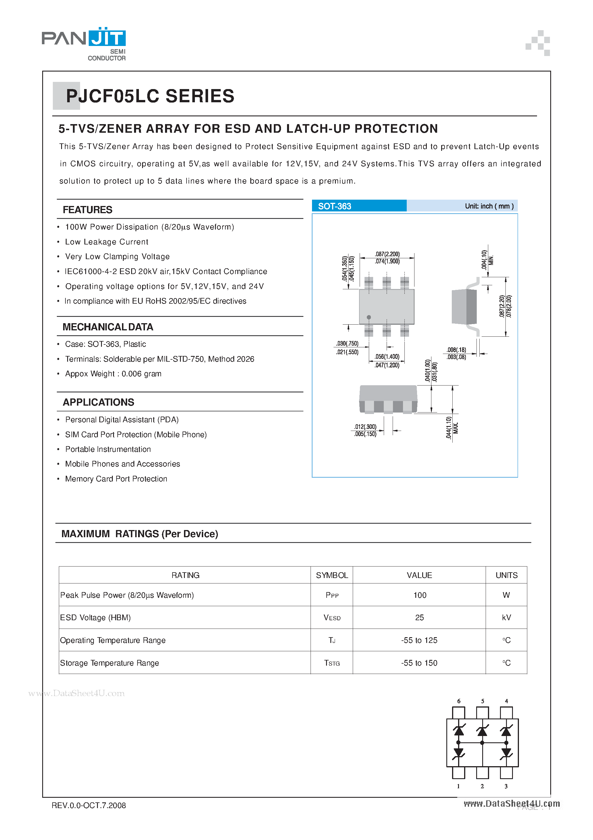 Datasheet PJCF05LC - 5-TVS/ZENER ARRAY page 1