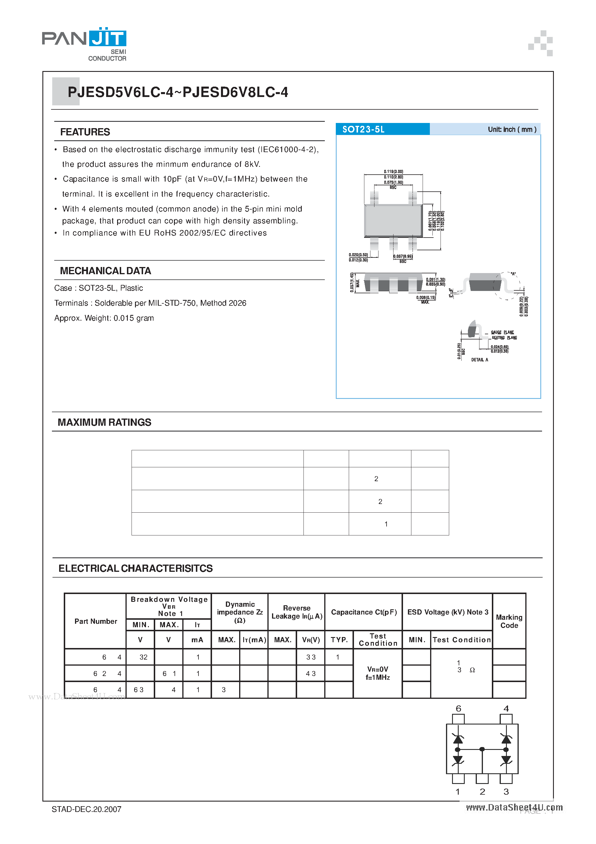 Datasheet PJESD5V6LC-4 - Low capacitance TVS arrays page 1