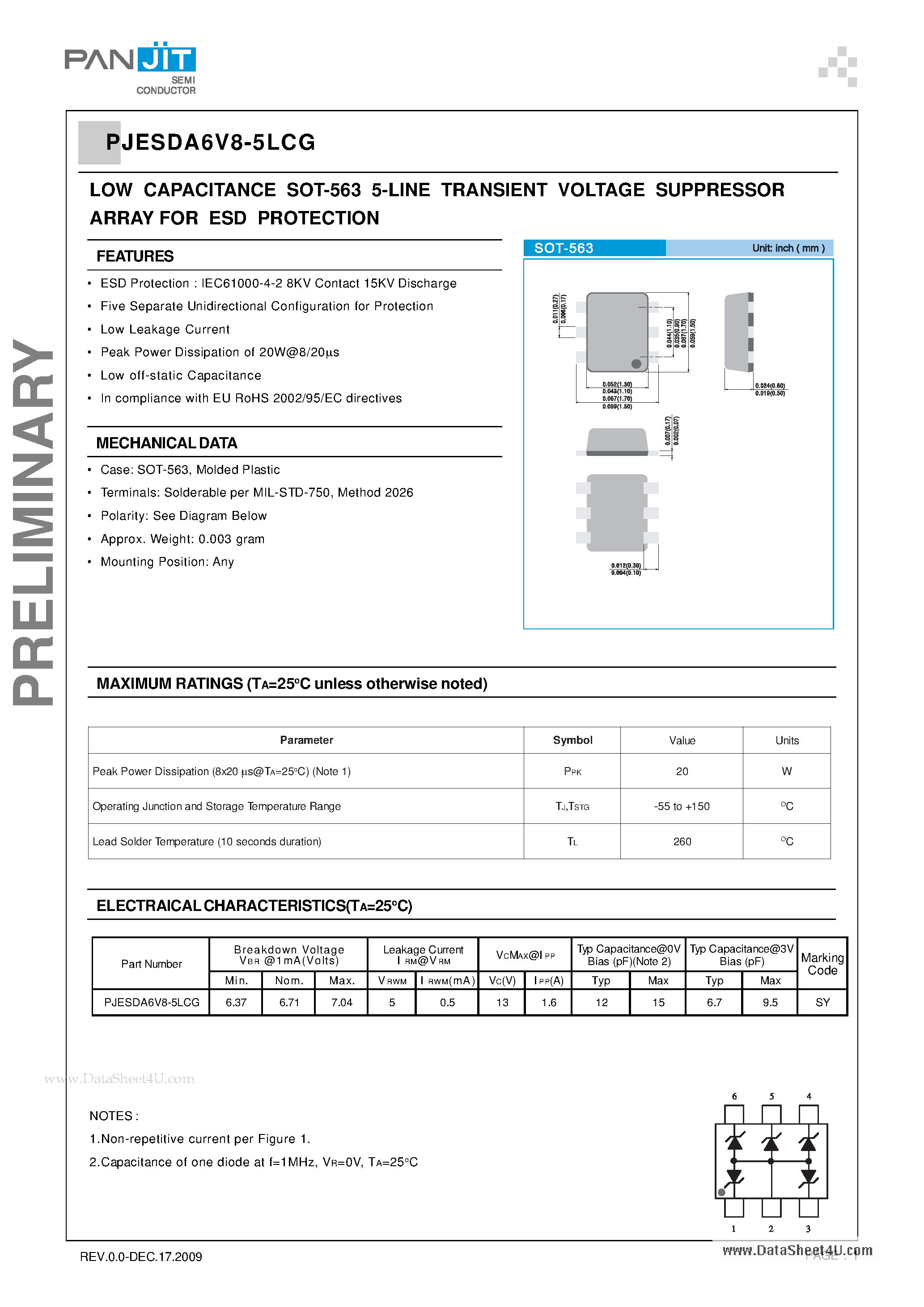 Datasheet PJESDA6V8-5LCG - LOW CAPACITANCE SOT-563 5-LINE TRANSIENT VOLTAGE SUPPRESSOR ARRAY page 1