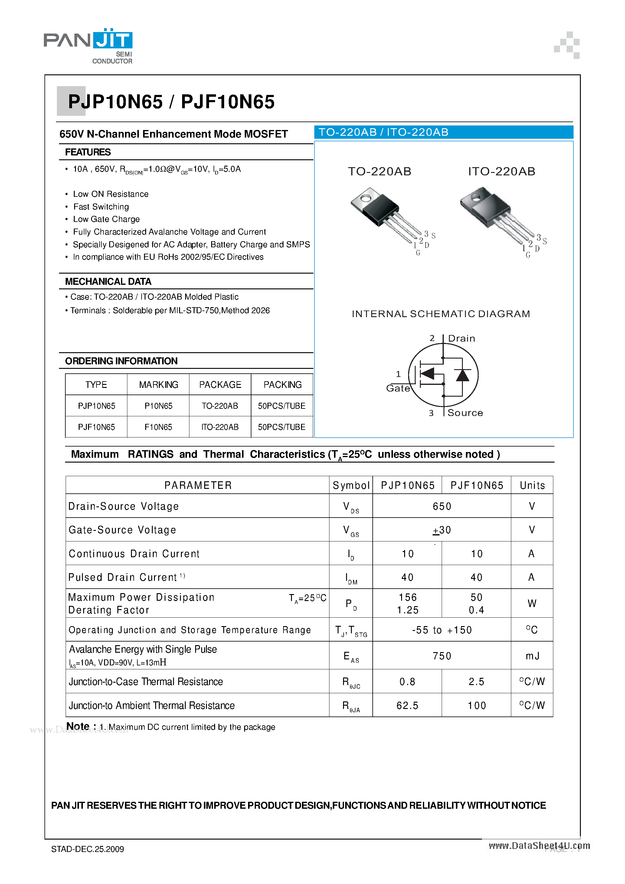 Datasheet PJF10N65 - 650V N-Channel Enhancement Mode MOSFET page 1