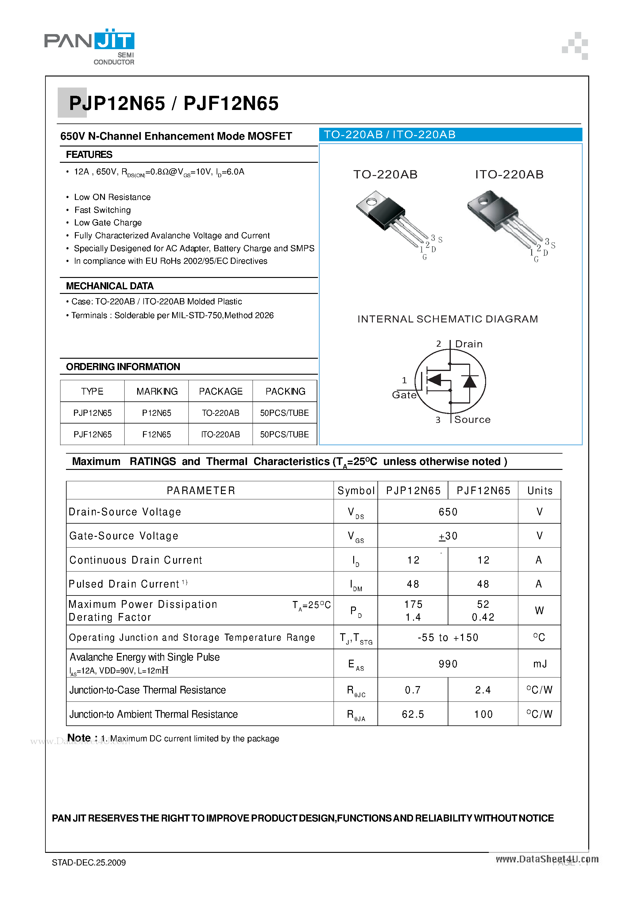 Datasheet PJF12N65 - 650V N-Channel Enhancement Mode MOSFET page 1