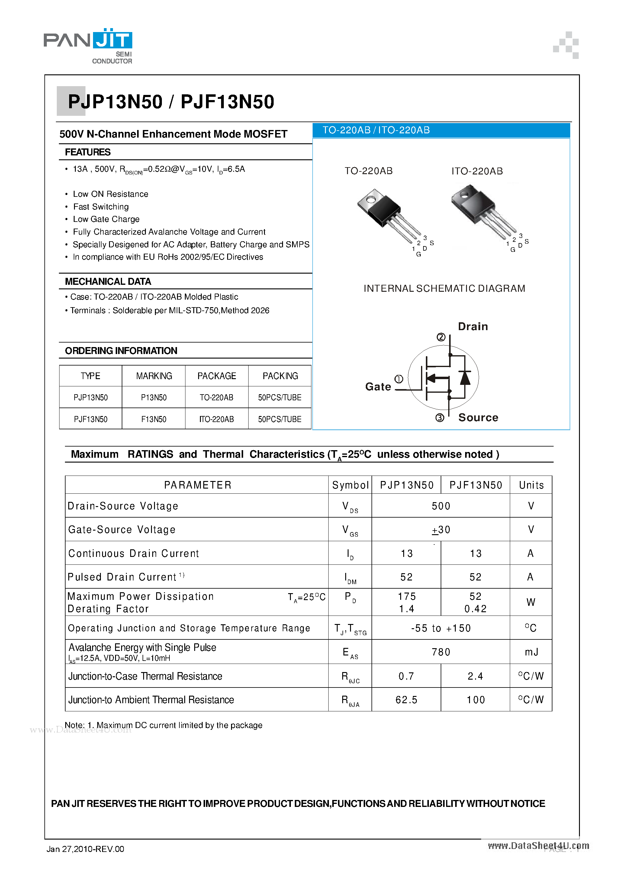 Datasheet PJF13N50 - 500V N-Channel Enhancement Mode MOSFET page 1