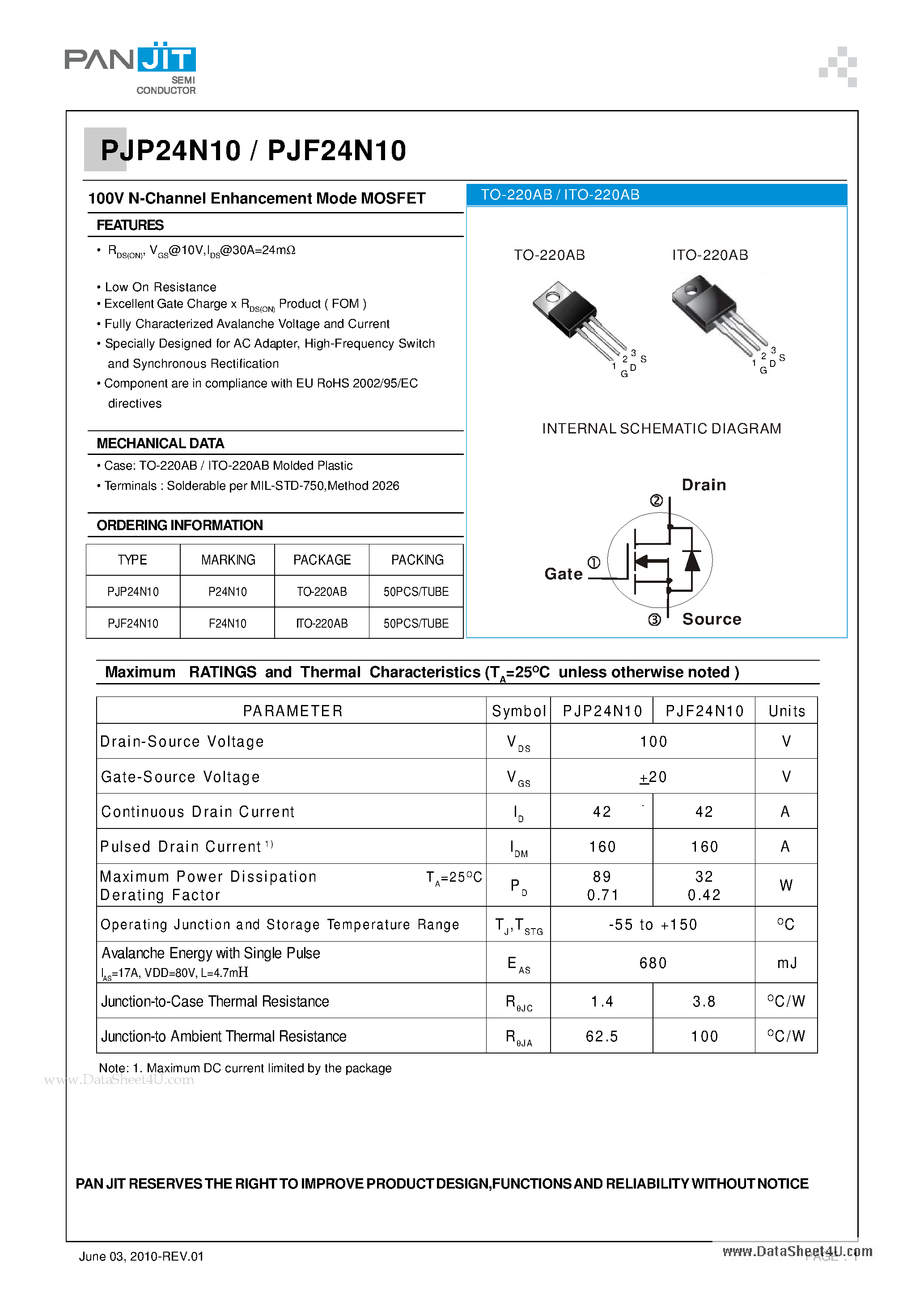 Datasheet PJF24N10 - 100V N-Channel Enhancement Mode MOSFET page 1