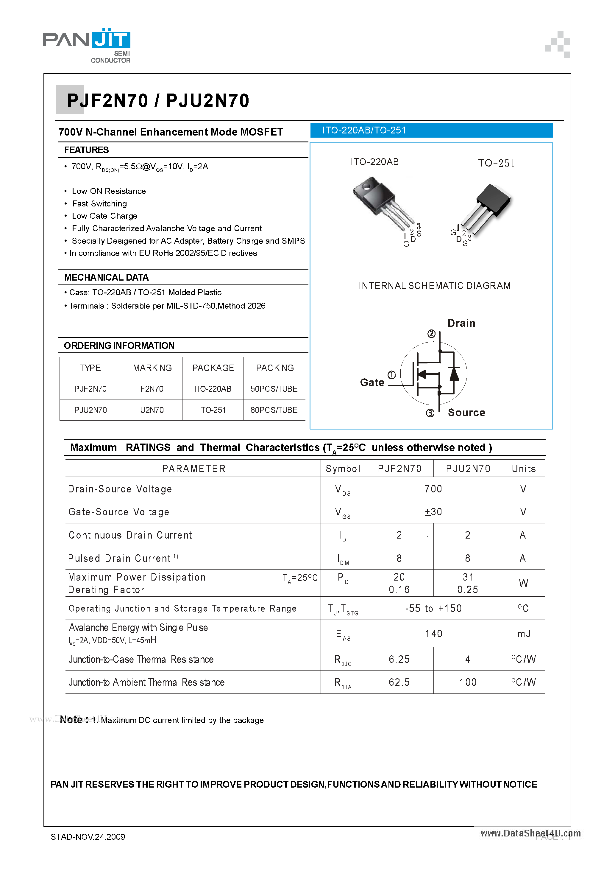 Datasheet PJU2N70 - 700V N-Channel Enhancement Mode MOSFET page 1