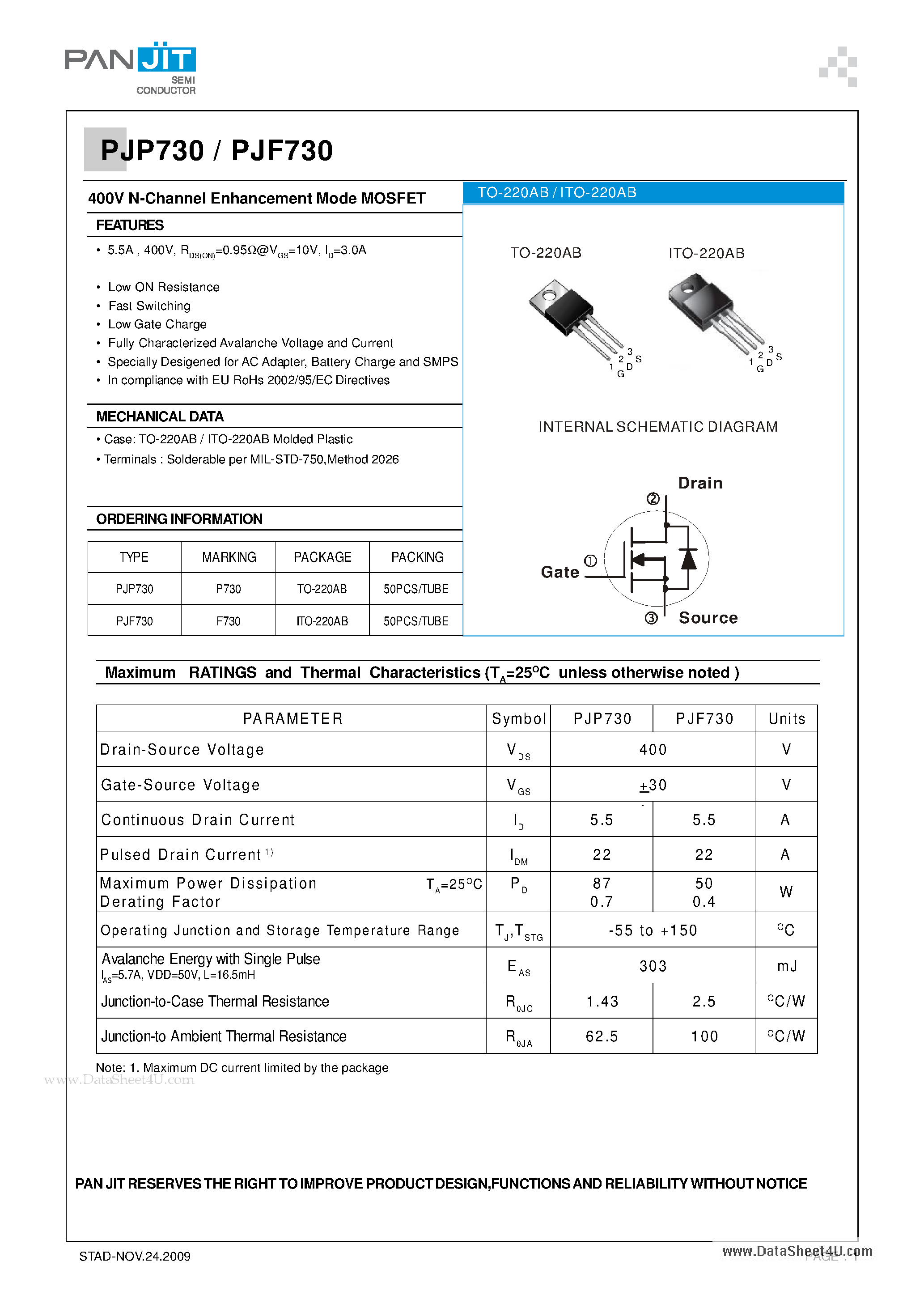 Datasheet PJF730 - 400V N-Channel Enhancement Mode MOSFET page 1