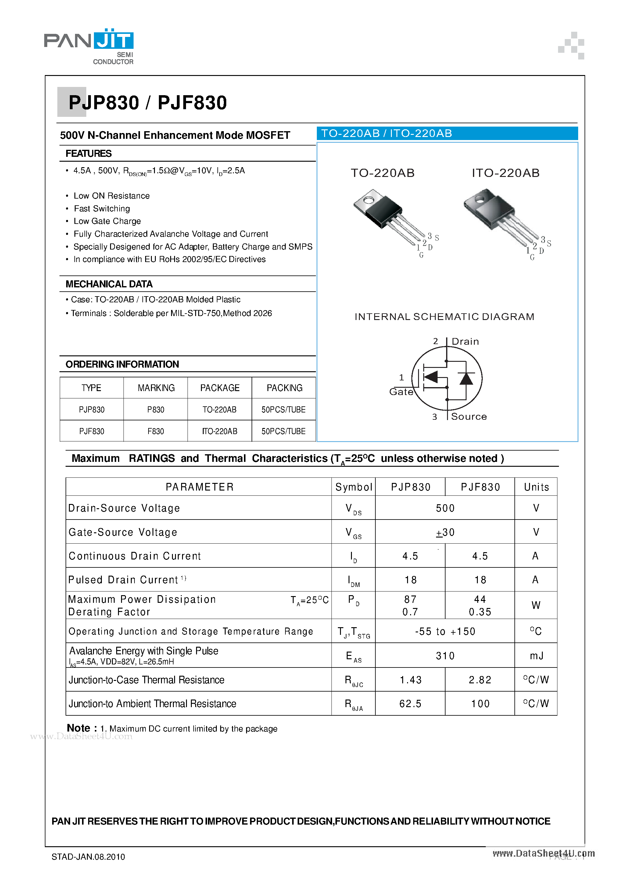 Datasheet PJF830 - 500V N-Channel Enhancement Mode MOSFET page 1