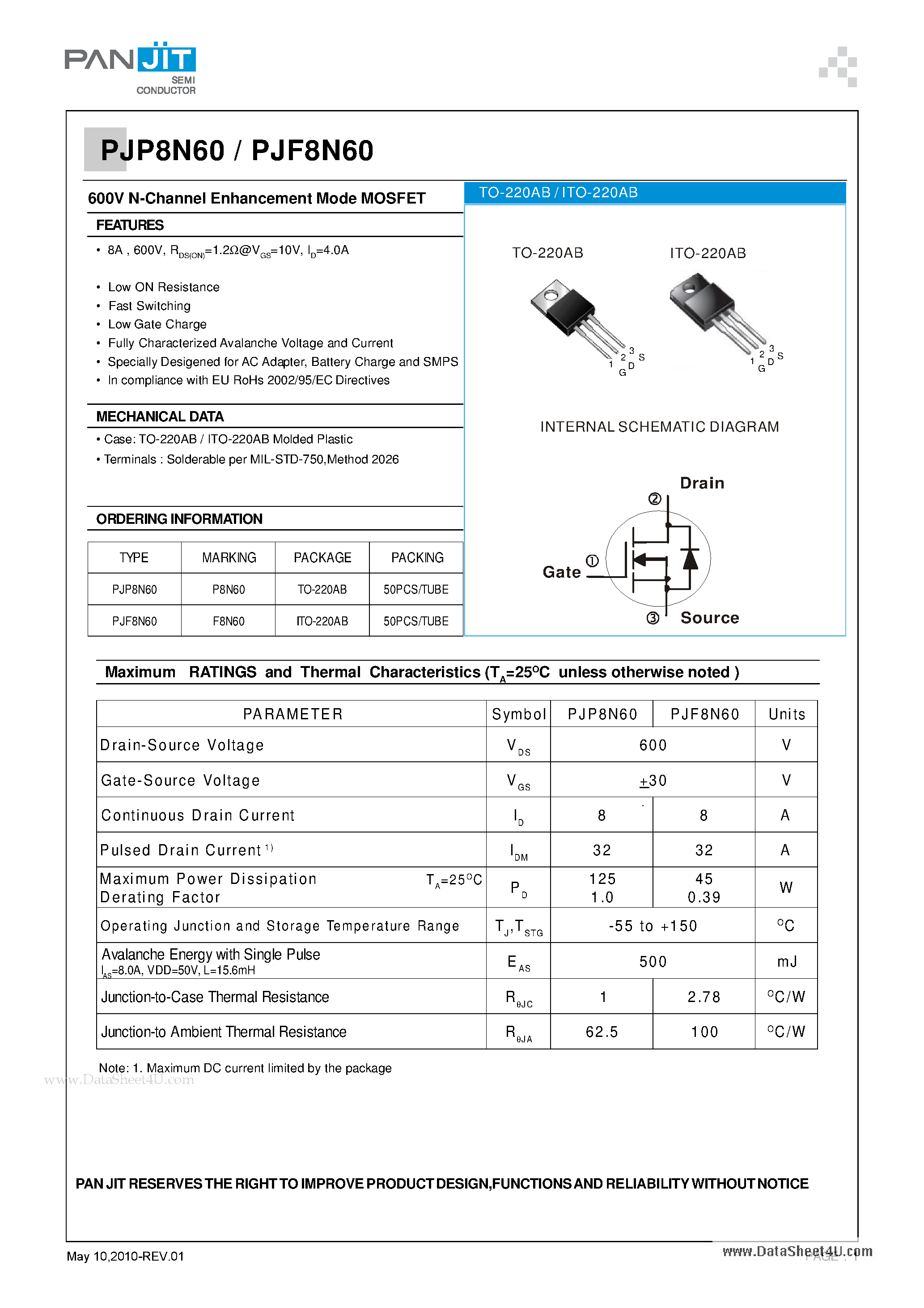Datasheet PJF8N60 - 600V N-Channel Enhancement Mode MOSFET page 1