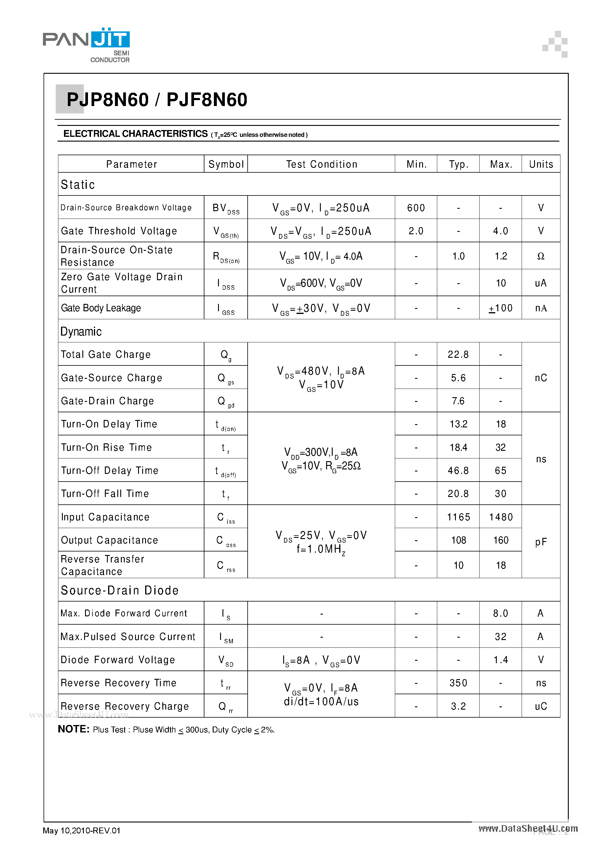 Datasheet PJF8N60 - 600V N-Channel Enhancement Mode MOSFET page 2