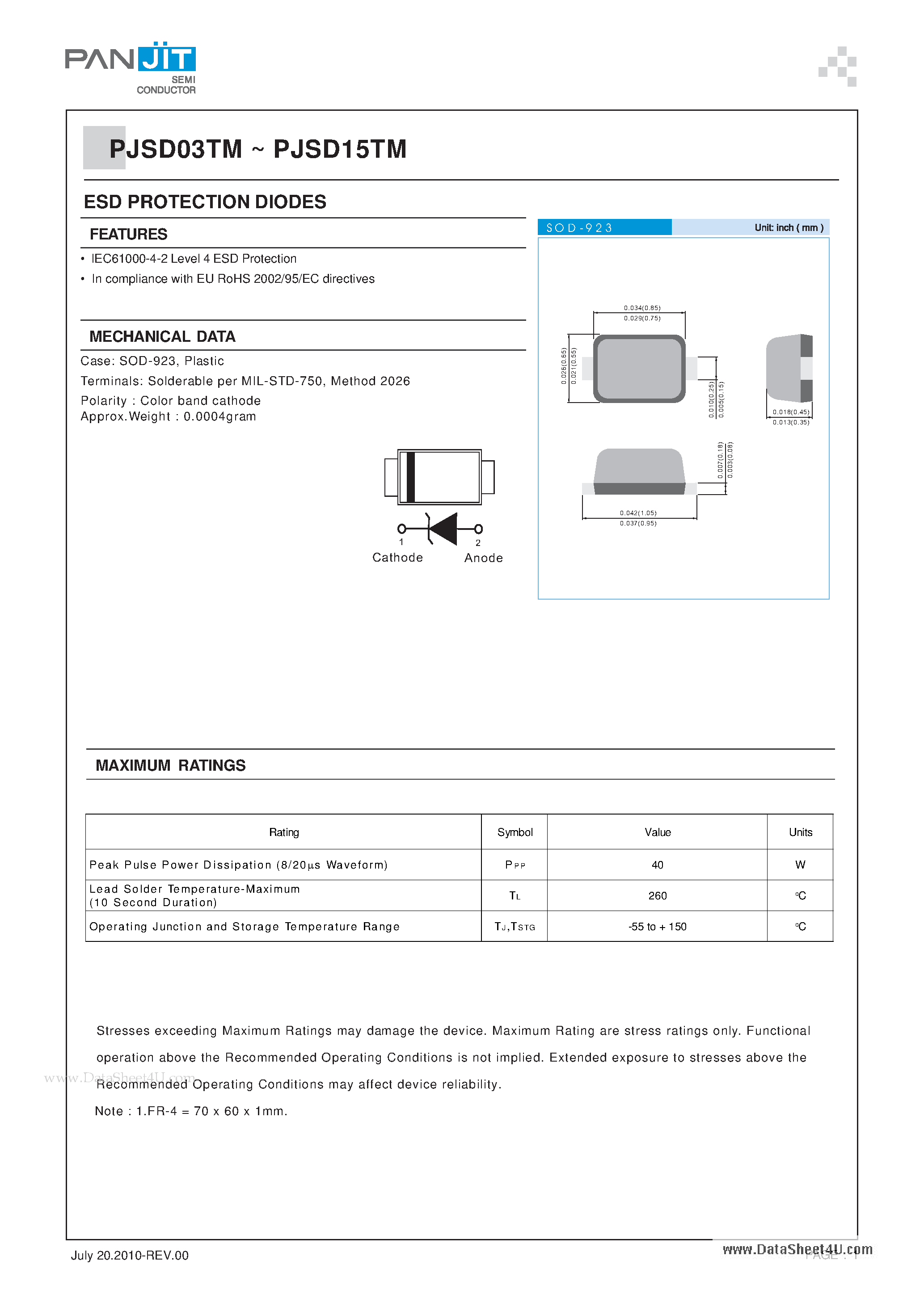 Даташит на микросхему PJSD03TM страница 1 Даташит PJSD03TM - ESD PROTECTION DIODES страница 1