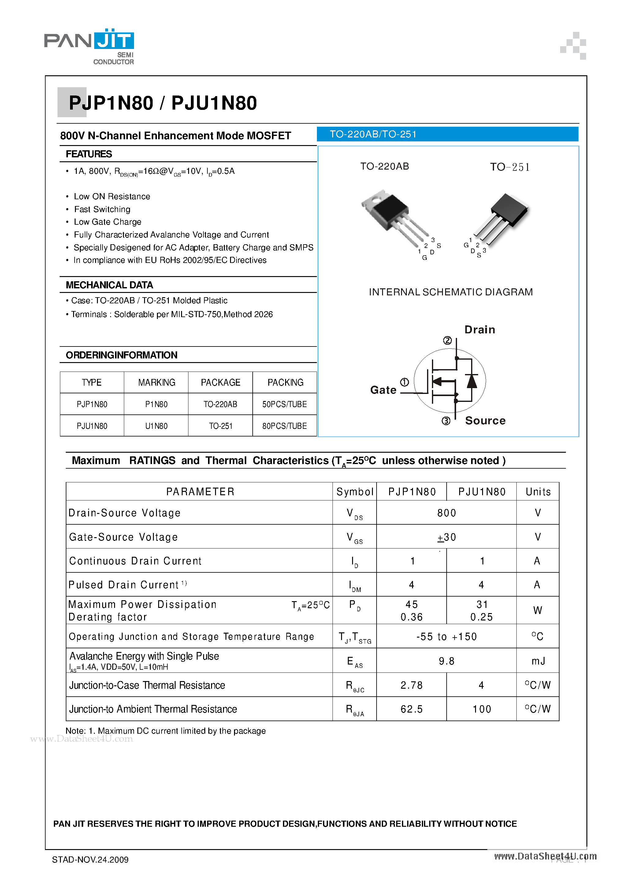 Datasheet PJU1N80 - 800V N-Channel Enhancement Mode MOSFET page 1