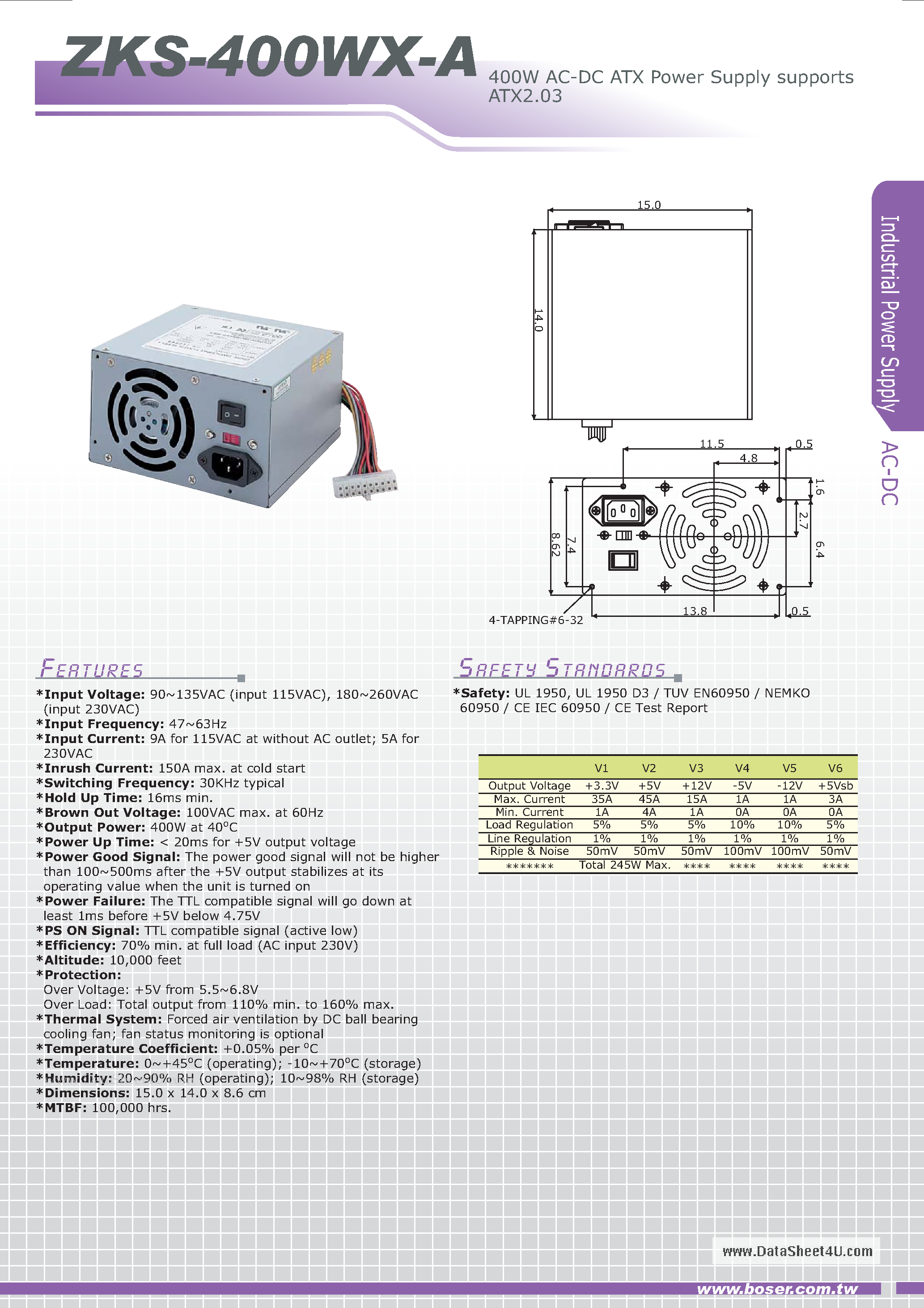 Datasheet ZKS-400WX-A - 400W AC-DC ATX Power Supply supports ATX2.03 page 1