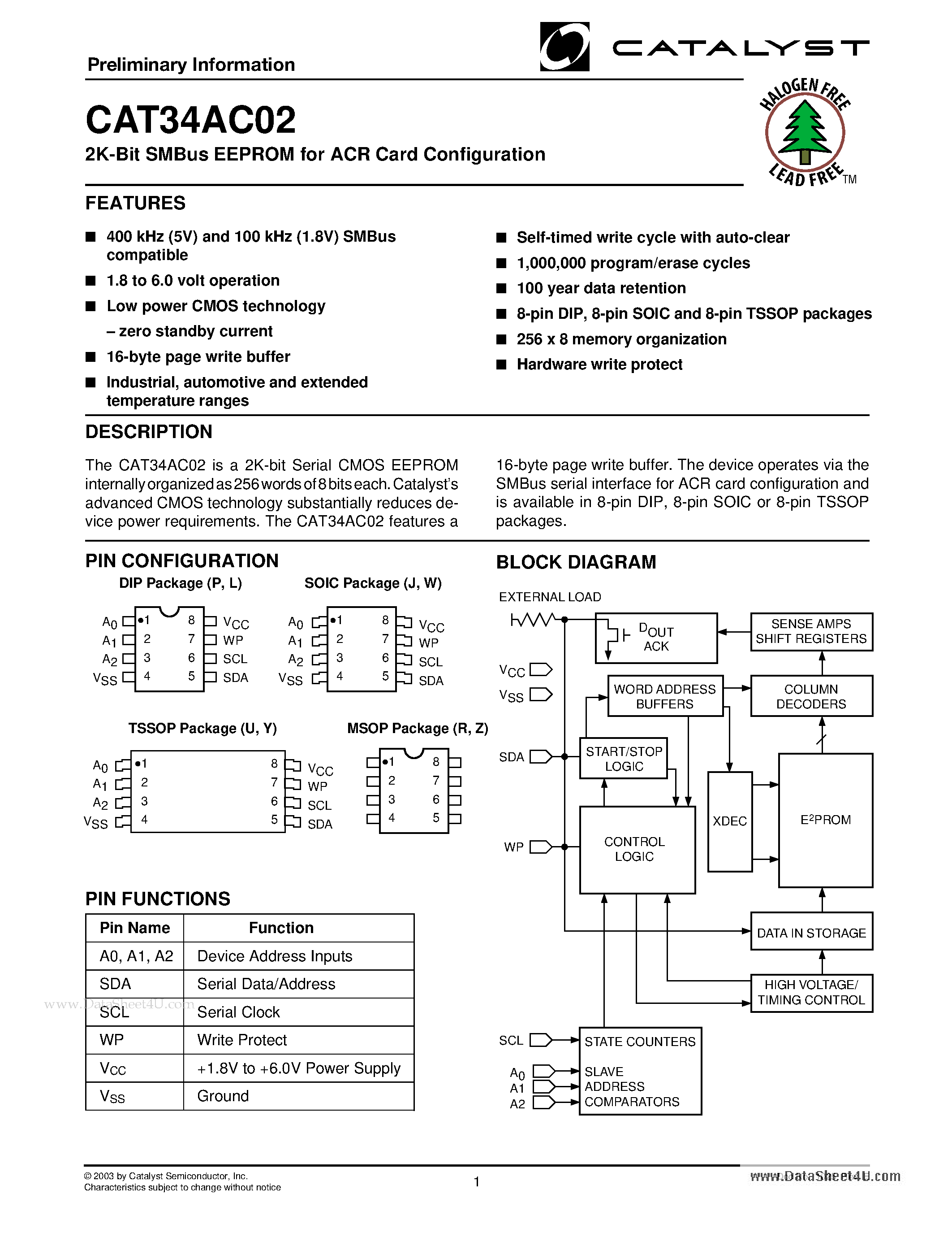 Даташит на микросхему CAT34AC02 страница 1 Даташит CAT34AC02 - 2K-Bit SMBus EEPROM страница 1