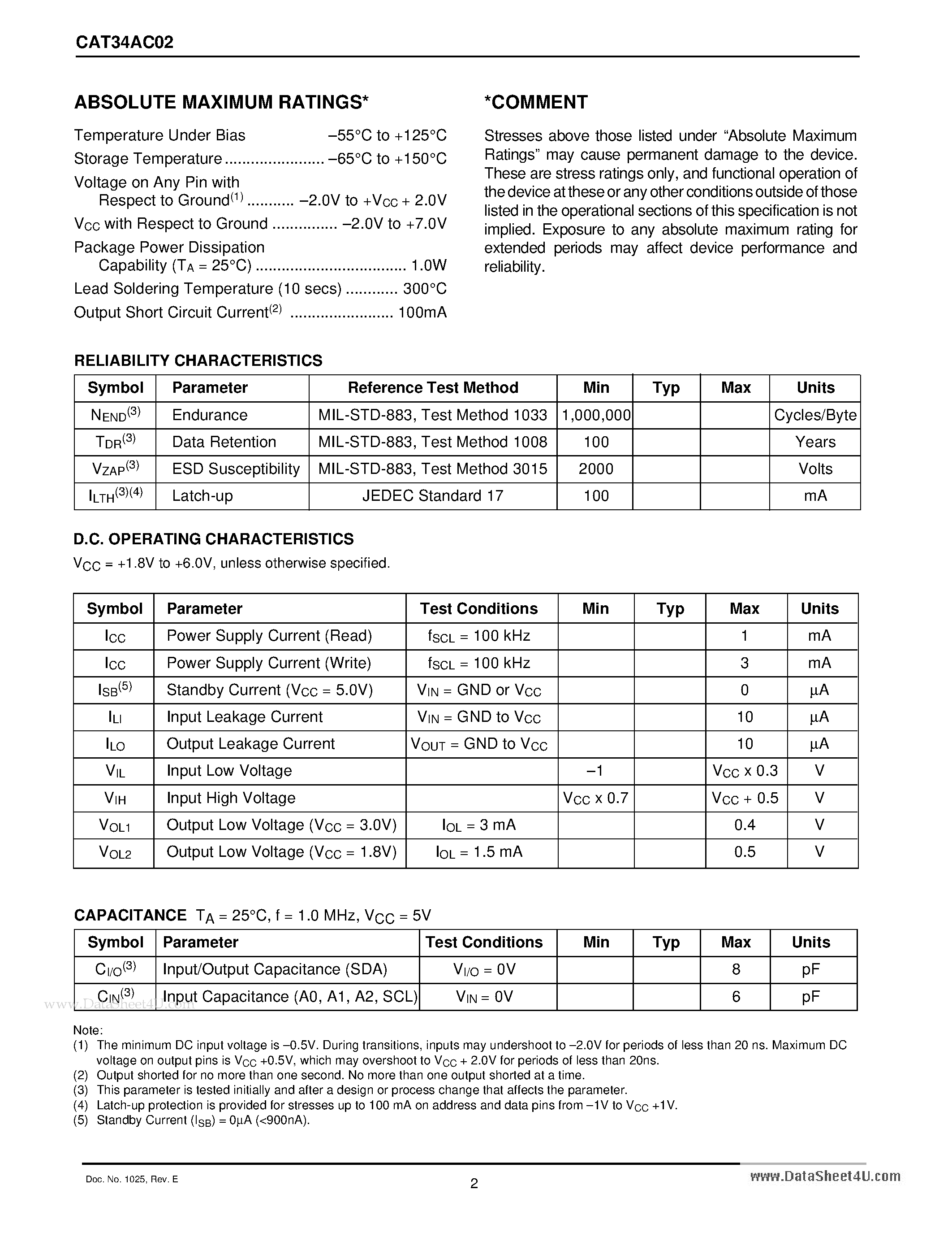 Даташит на микросхему CAT34AC02 страница 2 Даташит CAT34AC02 - 2K-Bit SMBus EEPROM страница 2
