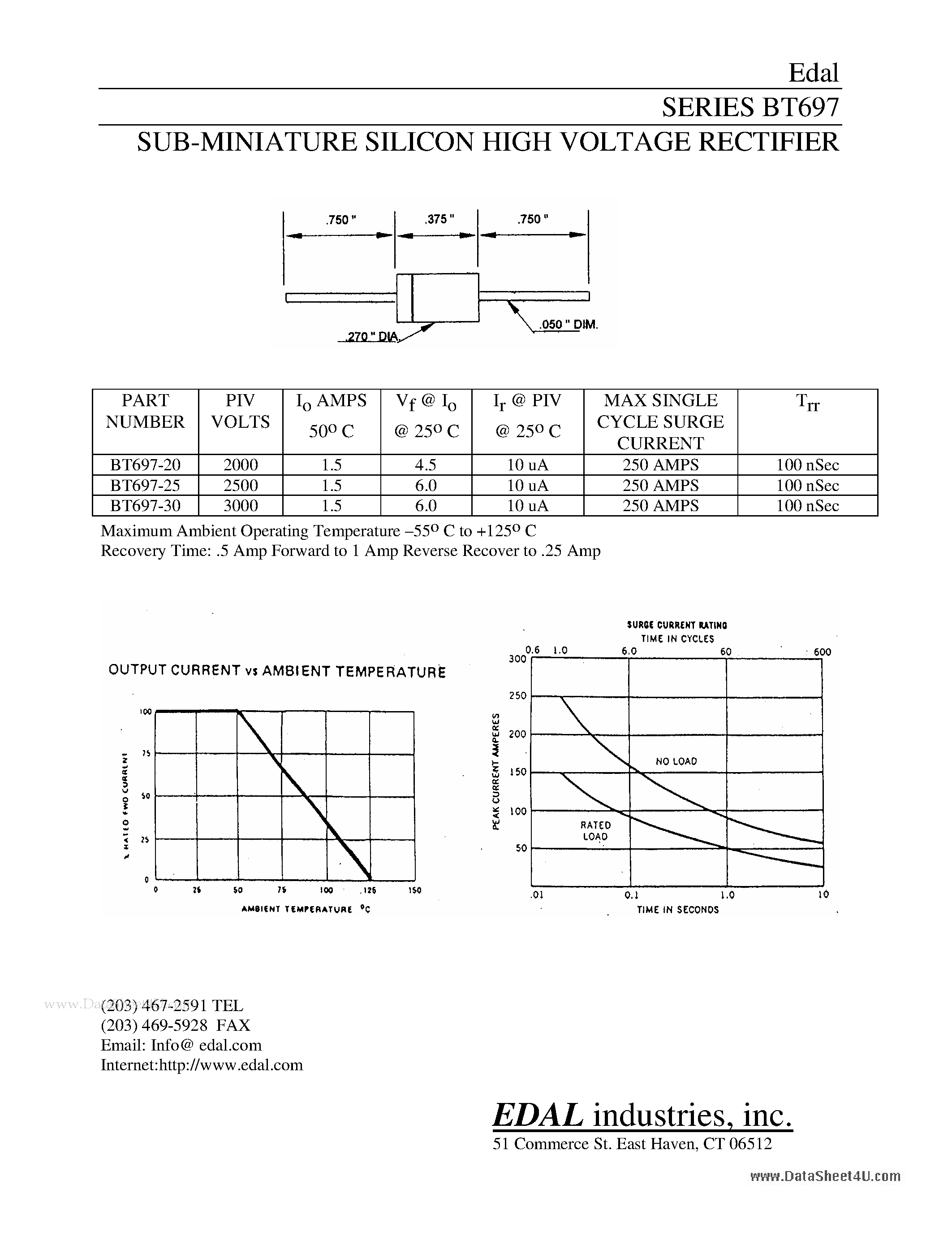 Datasheet BT697 page 1 Datasheet BT697 - SUB-MINIATURE SILICON HIGH VOLTAGE RECTIFIER page 1