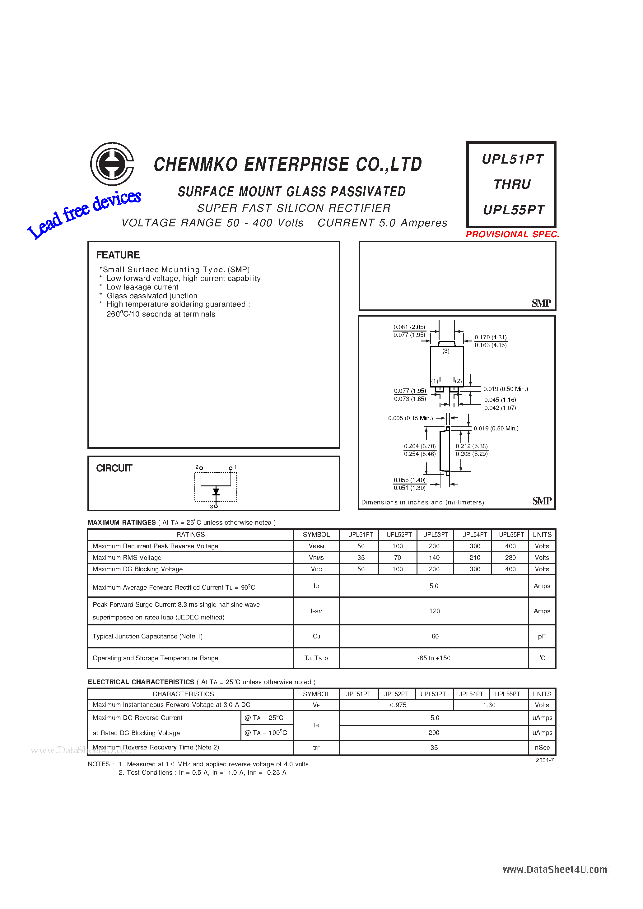Datasheet UPL51PT page 1 Datasheet UPL51PT - (UPL51PT - UPL55PT) SUPER FAST SILICON RECTIFIER page 1