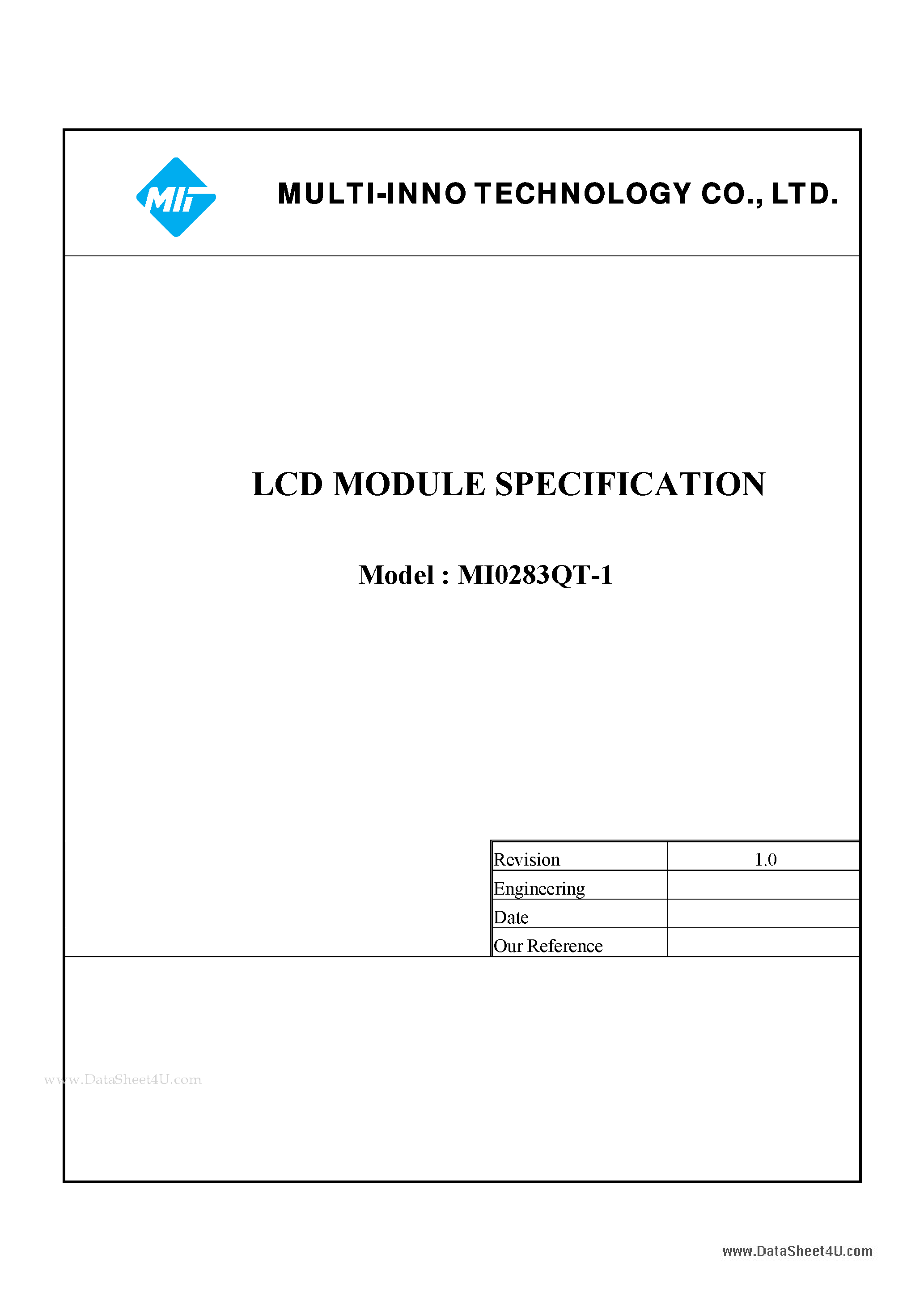 Datasheet MI0283QT-1 page 1 Datasheet MI0283QT-1 - LCD Module page 1
