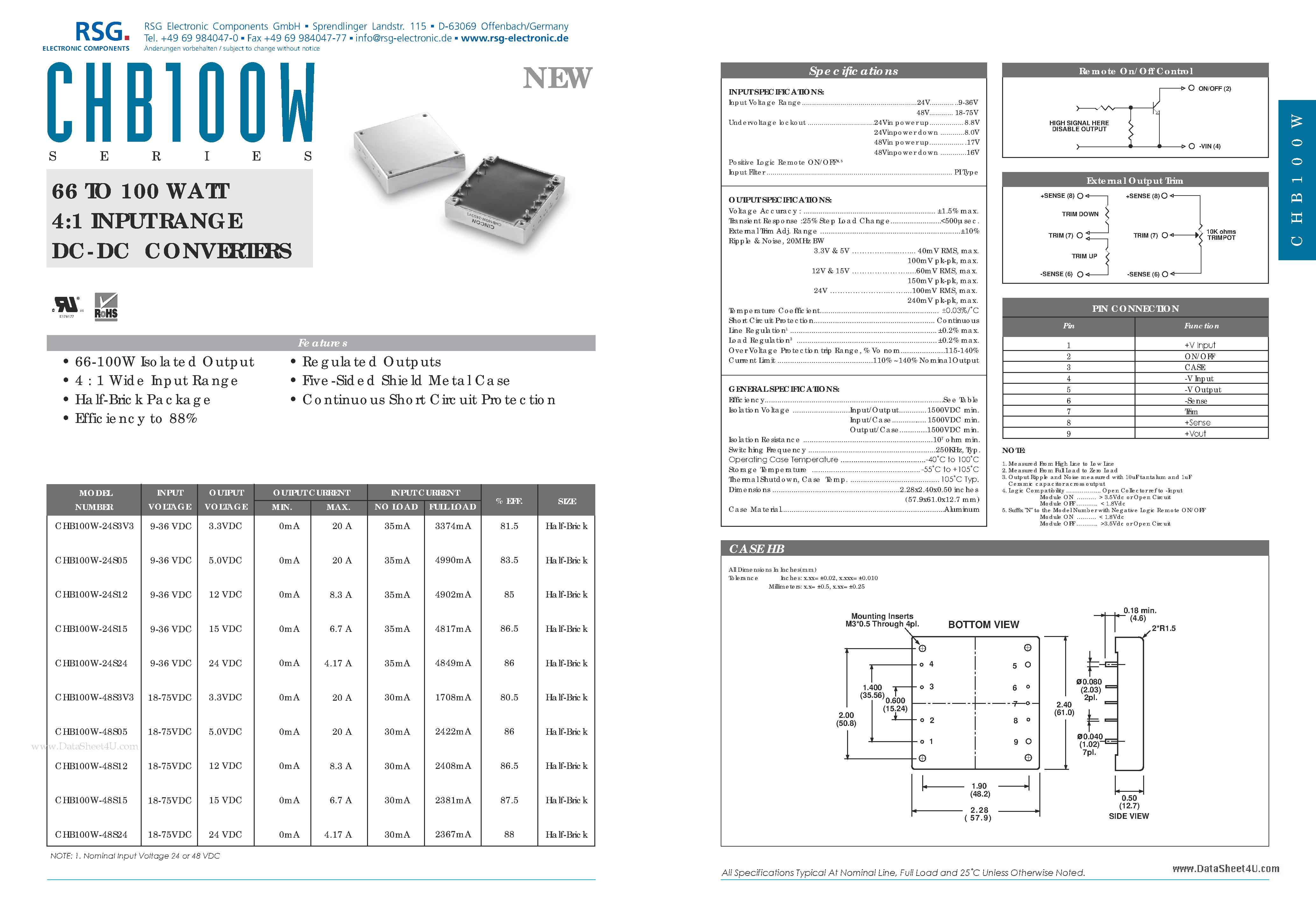 Datasheet CHB100W - 66 TO 100 WATT 4:1 INPUT RANGE DC-DC CONVERTERS page 1