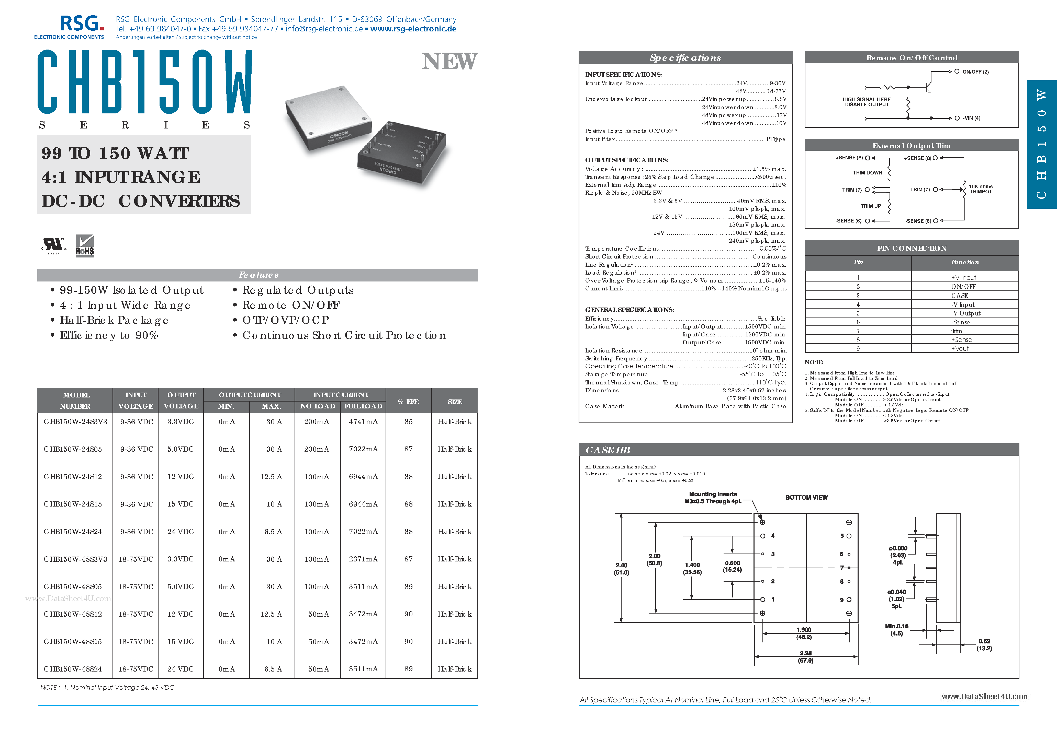 Datasheet CHB150W - 99 TO 150 WATT 4:1 INPUT RANGE DC-DC CONVERTERS page 1