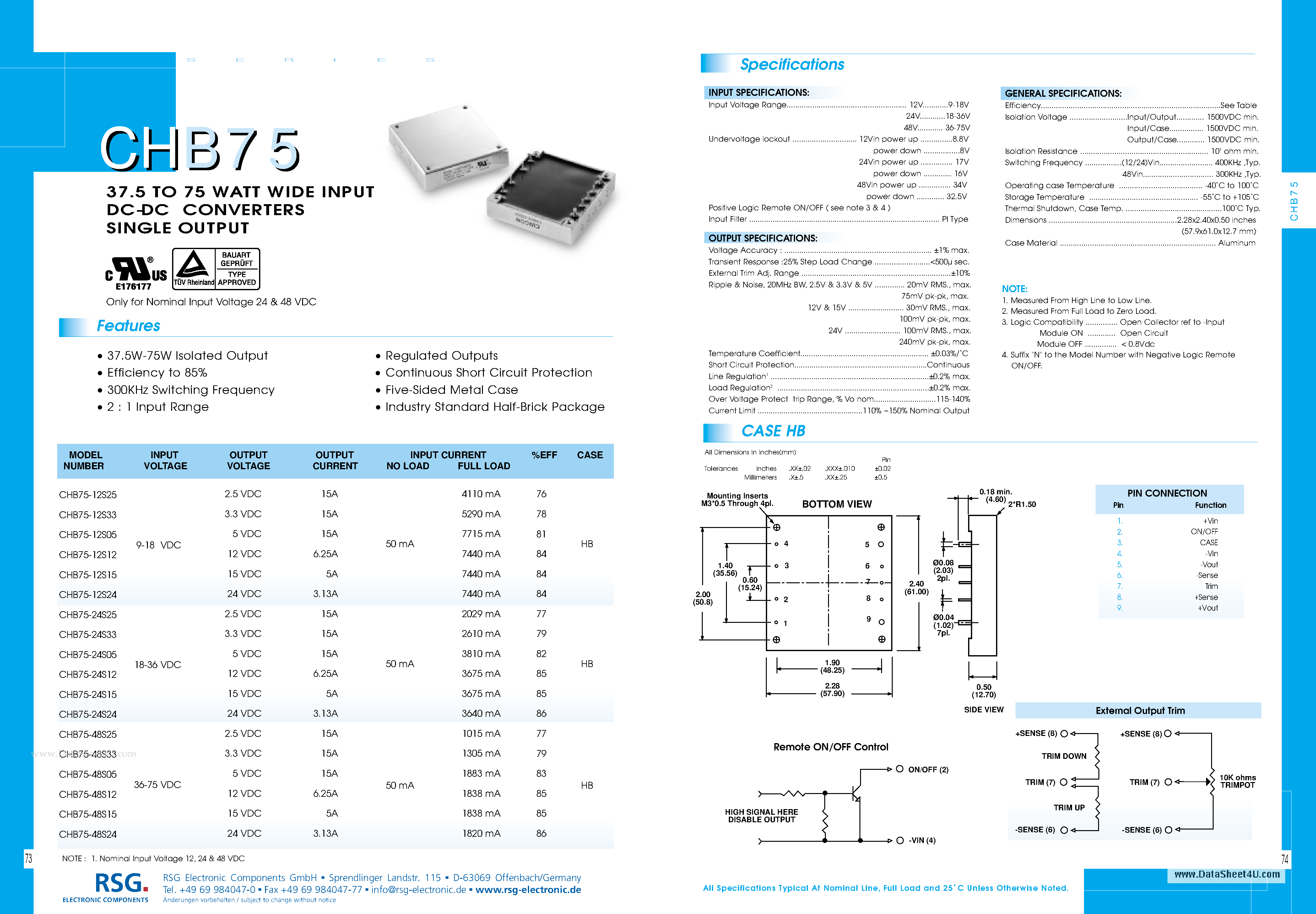 Datasheet CHB75 - 37.5 TO 75 WATT WIDE INPUT DC-DC CONVERTERS SINGLE & DUAL OUTPUT page 1