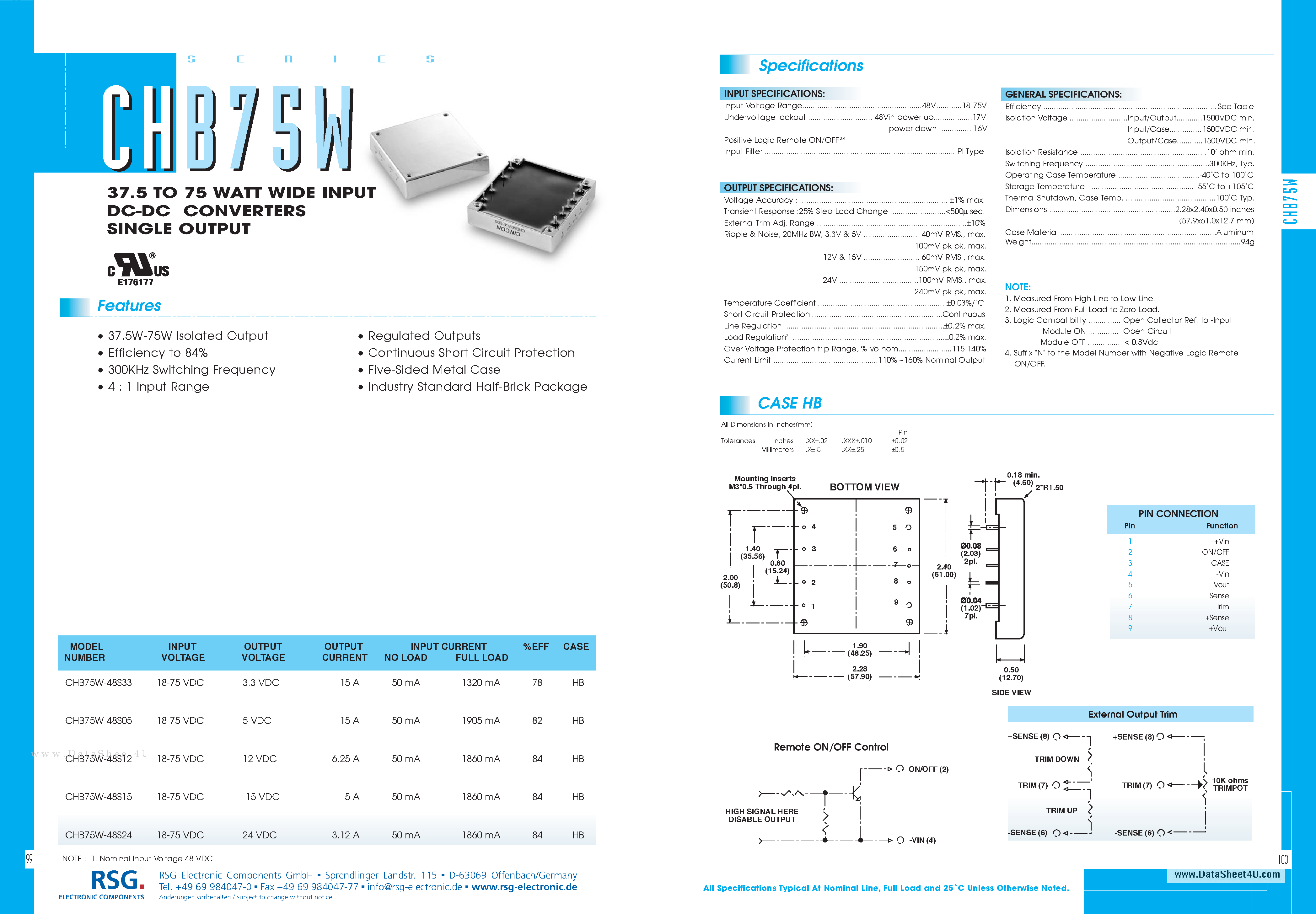 Datasheet CHB75W - 37.5 TO 75 WATT WIDE INPUT DC-DC CONVERTERS SINGLE OUTPUT page 1