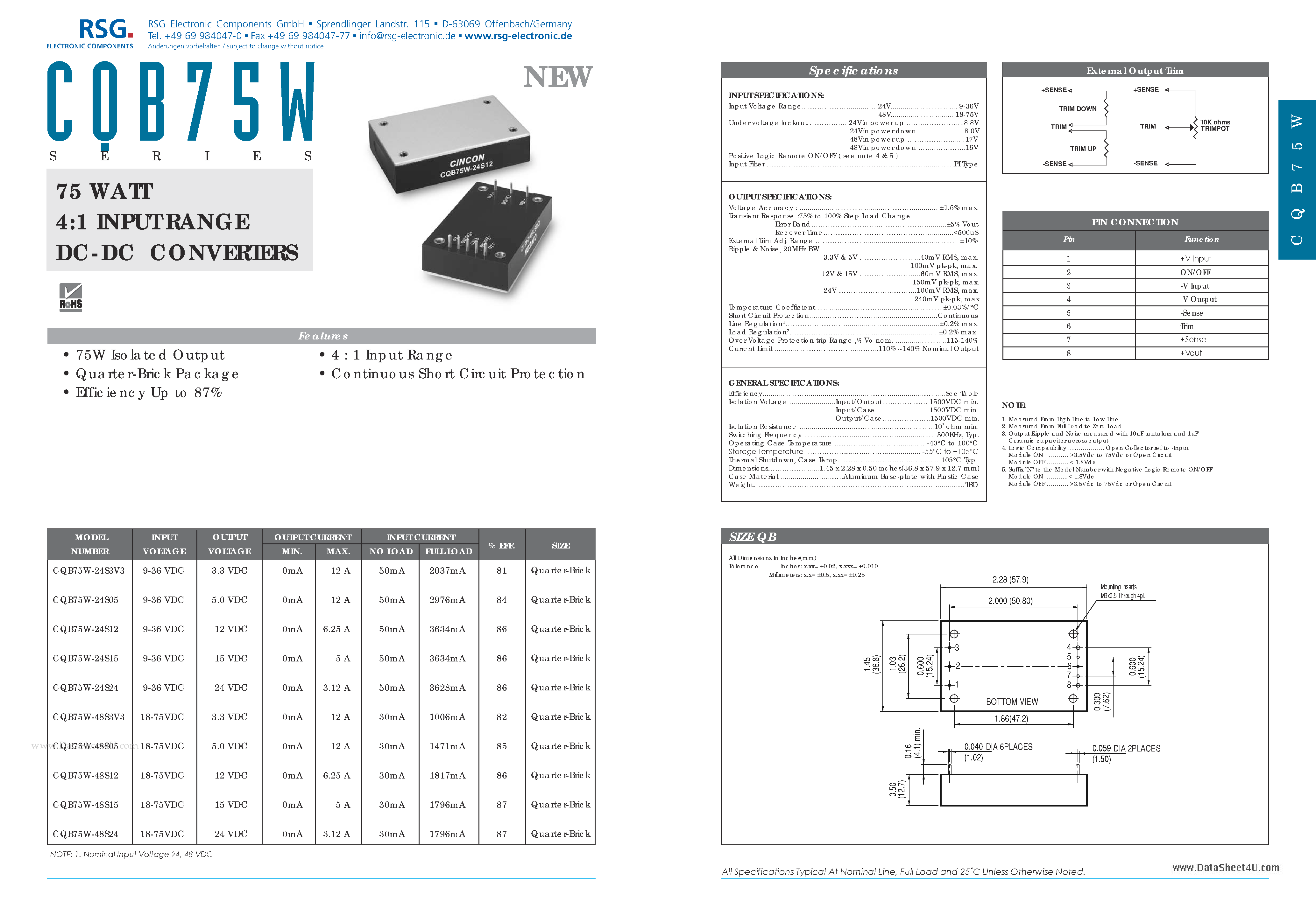 Datasheet CQB75W page 1 Datasheet CQB75W - 75 WATT 4:1 INPUT RANGE DC-DC CONVERTERS page 1