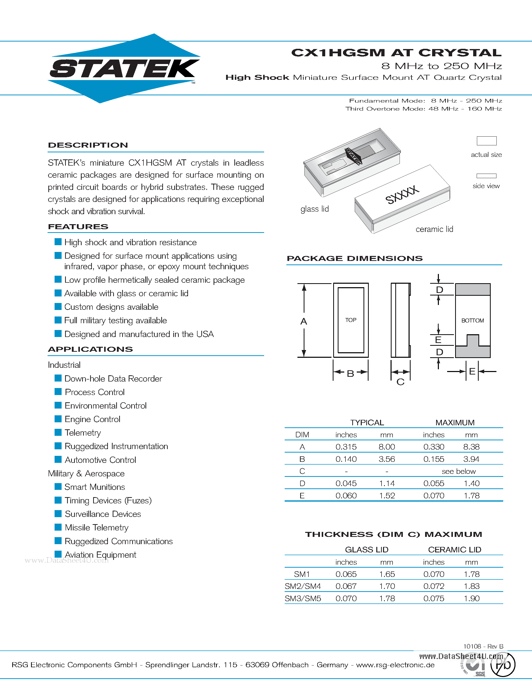 Datasheet CX1HGSM - 8 MHz to 250 MHz High Shock Miniature Surface Mount AT Quartz Crystal page 1