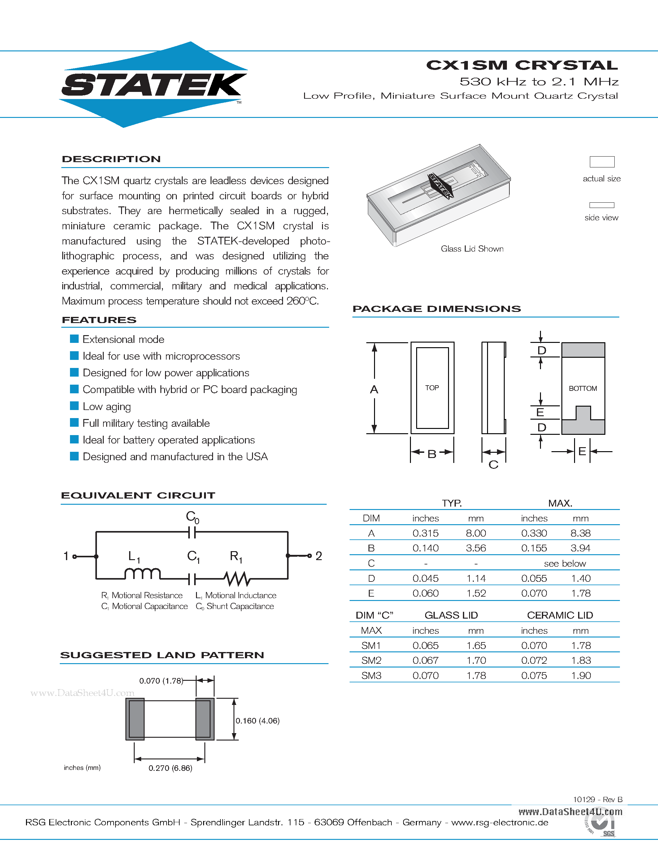 Datasheet CX1SM - 530 kHz to 2.1 MHz Low Profile Miniature Surface Mount Quartz Crystal page 1